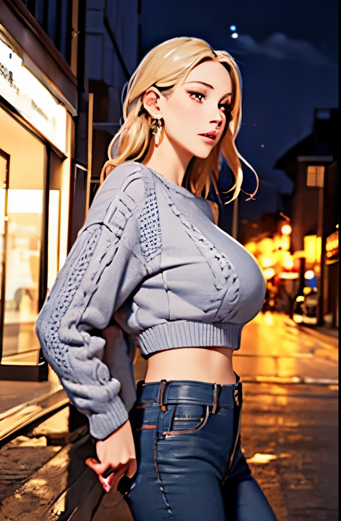 (masterpiece:1.2, highest quality), 1 female, alone, Upper body, big breasts, Dark Wash Skinny Jeans, oversized sweater, ankle boots, loose waves, center part, Simple hoop earrings, City of night