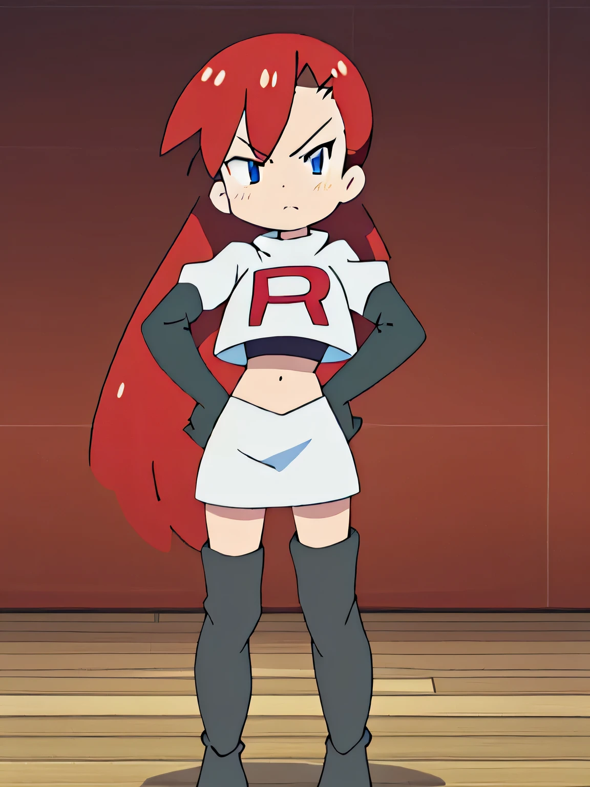 team rocket uniform, red letter r, white skirt,white crop top,black thigh-high boots, black elbow gloves, glaring angrily, looking at viewer, hands on , full body seen