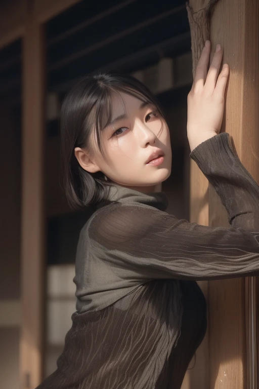 There is a woman leaning on a wooden stick and putting her hand on the stick., a young asian woman, portrait of a japanese teen, Photographed with Nikon Z9, Photographed with Canon EOS R5, Photographed with Canon EOS R5, young asian woman, asian young girl, Photo taken with nikon d 7 5 0, Photo taken with Nikon D750