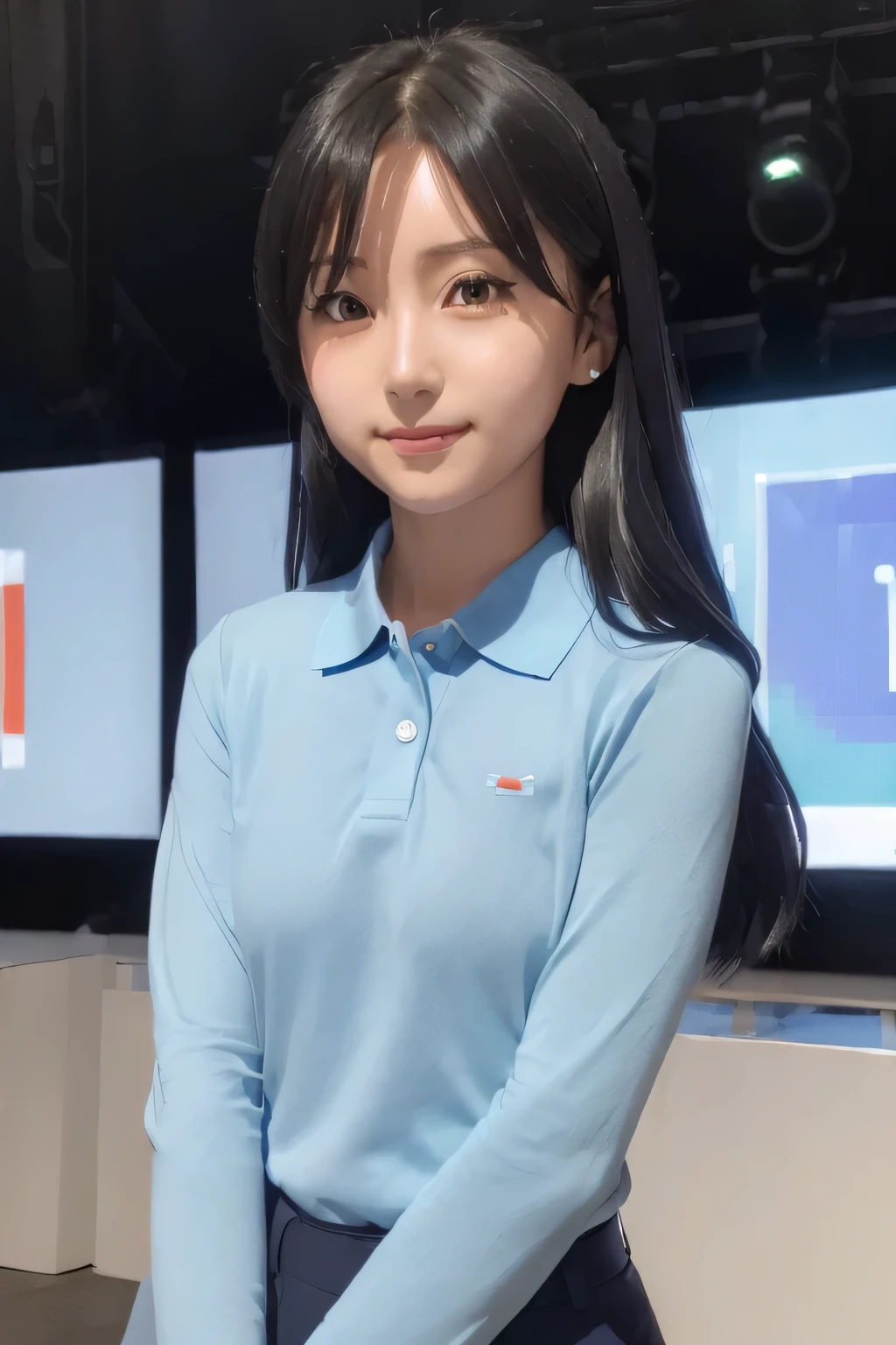  (((pixel perfect, Perfection with attention to detail))), Big eyes, alone, 1 girl, Chihaya Kisaragi, (black hair), stage, Idol, looking at the viewer, smile, break (flat chest:1.5), (light blue long sleeve polo shirt, Dark blue slacks), 