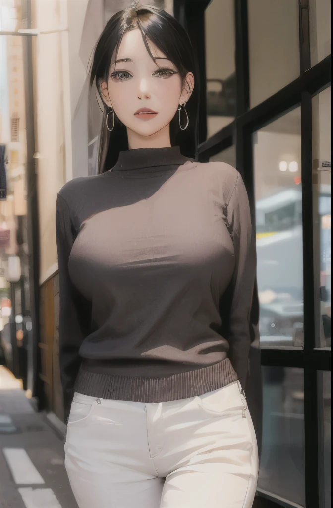 (masterpiece:1.2, highest quality), 1 female, alone, Upper body, ???????????, Dark Wash Skinny Jeans, oversized sweater, ankle boots, loose waves, center part, Simple hoop earrings, late night park、City of night