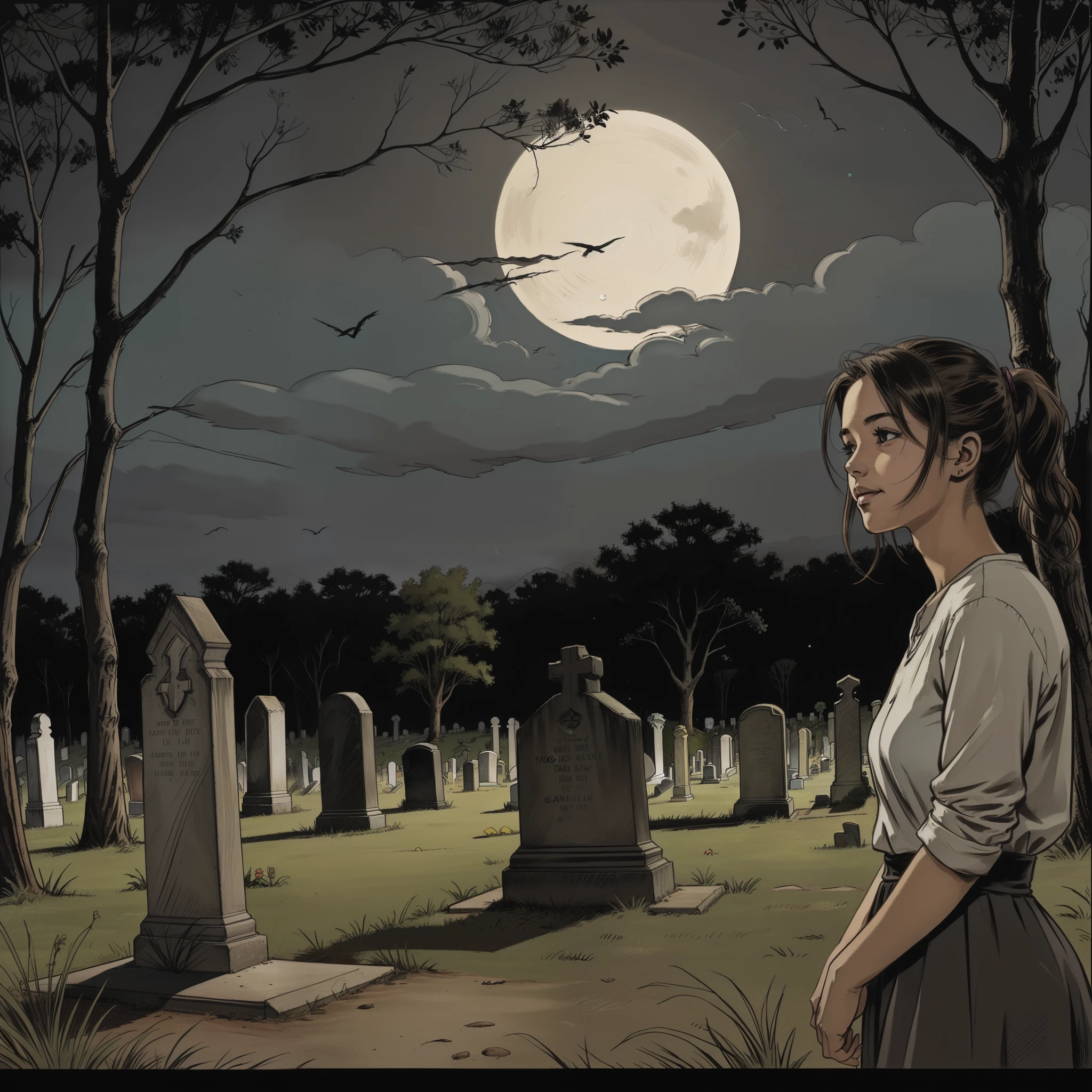 a 21 years old cute girl and wearing a sweeter enjoying a moment in a cemetery at midnight. Every line and shading brings out her distinctive features. The background showcases a very very dark sky, with trees everywhere. (the girl will show from a very very long distance)