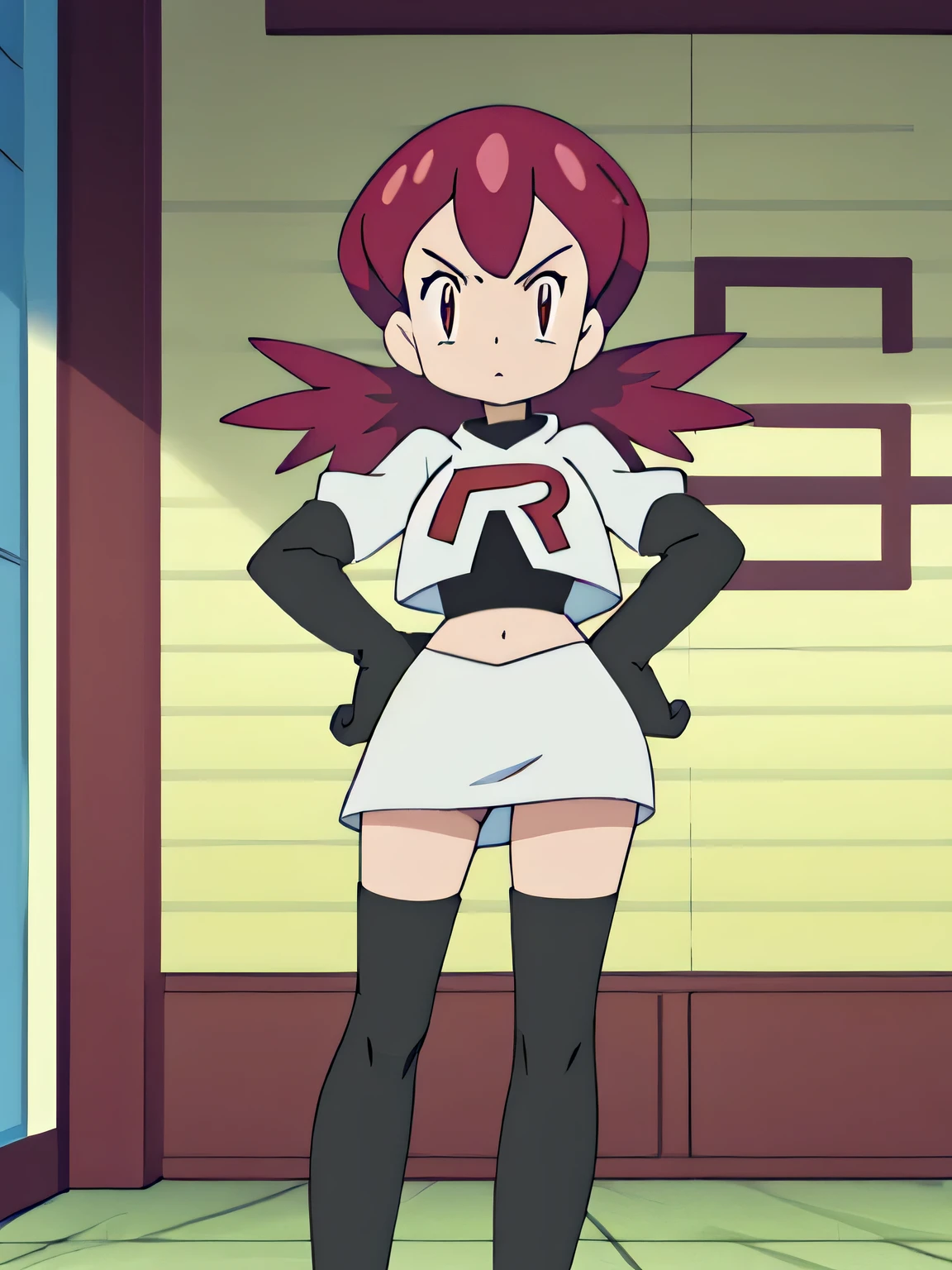 team rocket uniform, red letter r, white skirt,white crop top,black thigh-high boots, black elbow gloves, glaring angrily, looking at viewer, hands on hips, full body seen