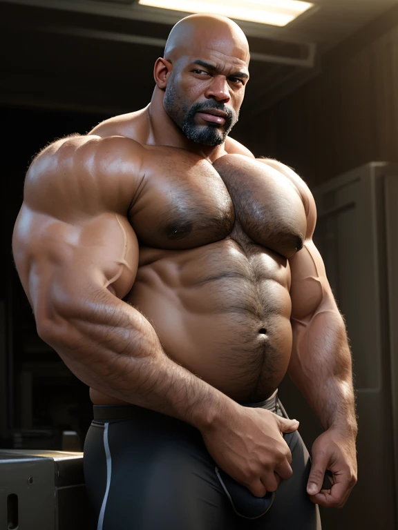 (RAW style, masterpiece, best quality, ultra-detailed), A captivating, black man, mid-age heavy trucker-driver portrait, bald, Strong and muscular with a hairy, big belly bodybuilder physique, showing a very hairy groin area, Realistic and Dynamic Lights illuminating every detail, Old and weathered features with visible stubble, Full Shot for maximum impact, Trending on ArtStation and CGSociety for its High Detail and Sharp Focus, Dramatically lit with intriguing shadows, radiating a raw, photorealistic Reality, detailed speedo, big underwear bulge