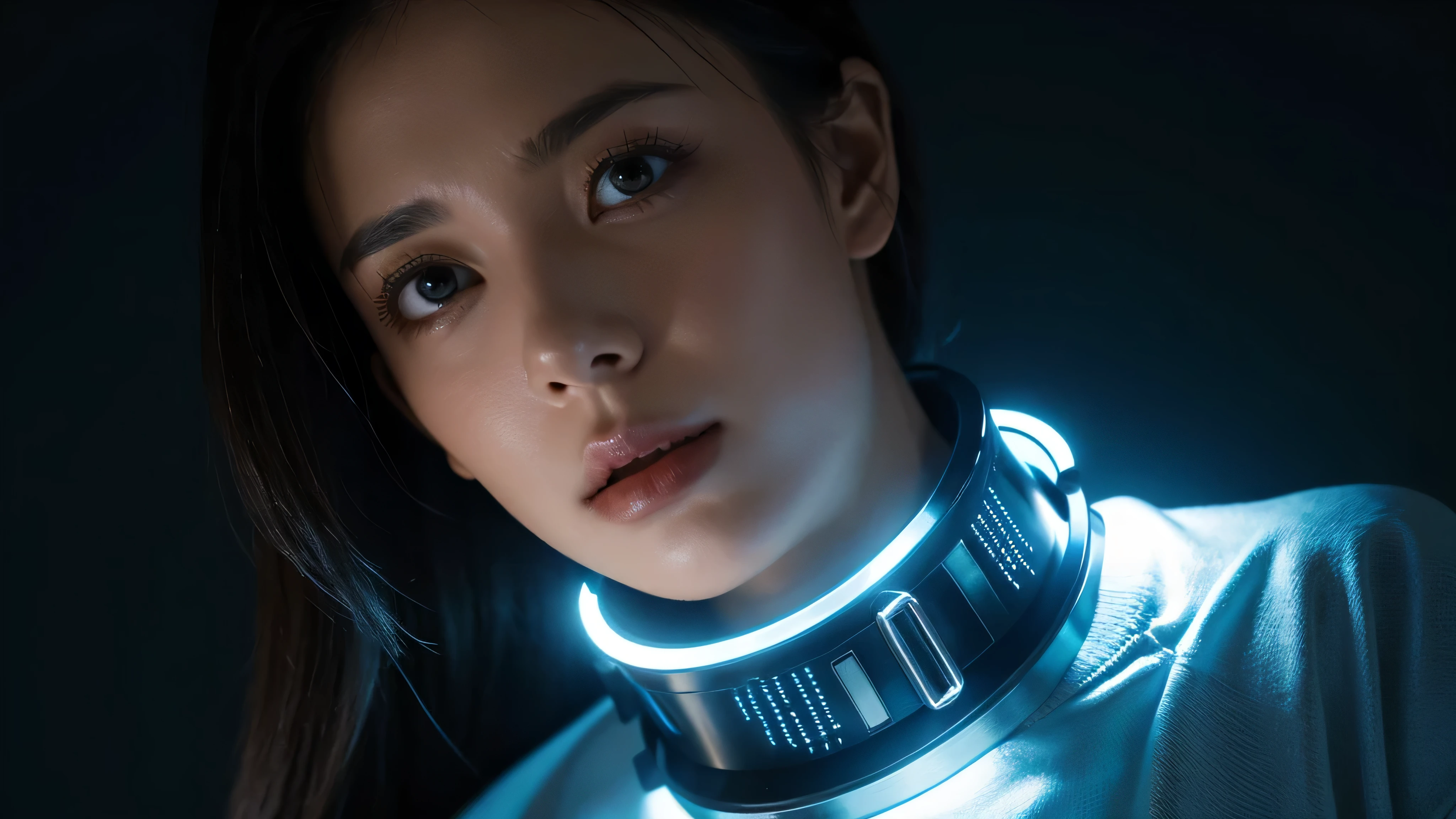 image of woman prisoner wearing a metal sci-fi collar with lights on it around her upper neck