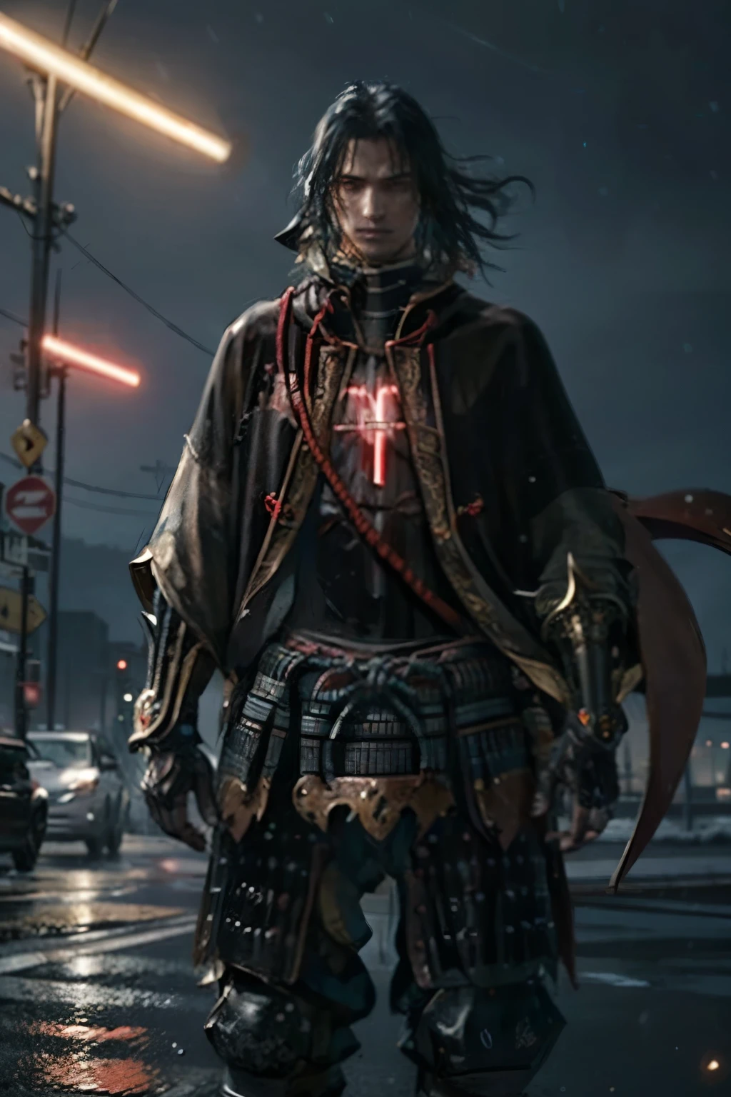 super realistic, high resolution, a young man from Indonesia, 33 years old, short and neat hair, wearing cyberpunk style armor, there is a red light on his chest, is standing in the middle of the road at night when it rains. super realistic