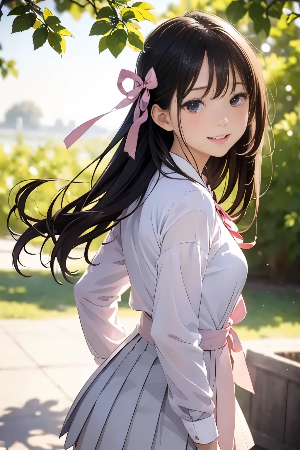 (((masterpiece)))，full body photo，(one beautiful japanese girl, innocence，cute，posterior view，look back) ，ultra high resolution, realistic, Super detailed, 8K,highest quality, very detailed, blurred background,slender body shape，small breasts，(detailed face:1.3), (Beautiful long hair fluttering in the strong wind), (baby face，cute系,Full of energy女の子), (perfect body:1.1),  ((Pink Blazer，white shirt，Red Neck Ribbon，Gray pleated kirt fluttering in the wind))，Full of energy，best smile，Pose with movement，rosy cheeks，超detailed face、detailed lips、small gravure idol，Japanese high school uniform with school emblem on the chest，transparent skin、lolita，realistic:1.37，no makeup，happy atmosphere，pastel color palette，in a sunny day，large park，happy holidays，date，happy，I feel excited
