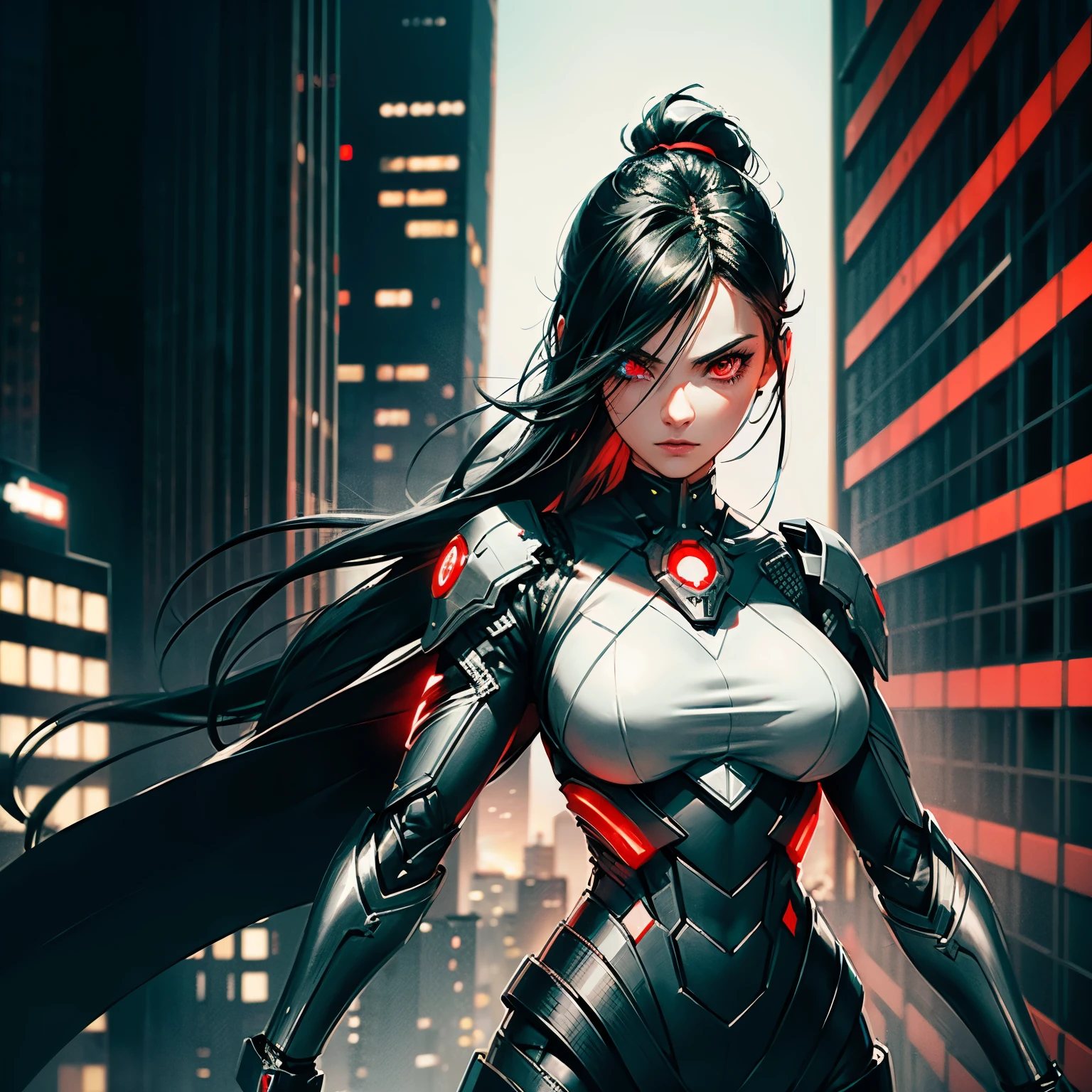 Draw female cyborg with black hair and red eyes with her sword on her back on top of a skyscraper roof looking down to the city while it’s raining and thundering very detailed