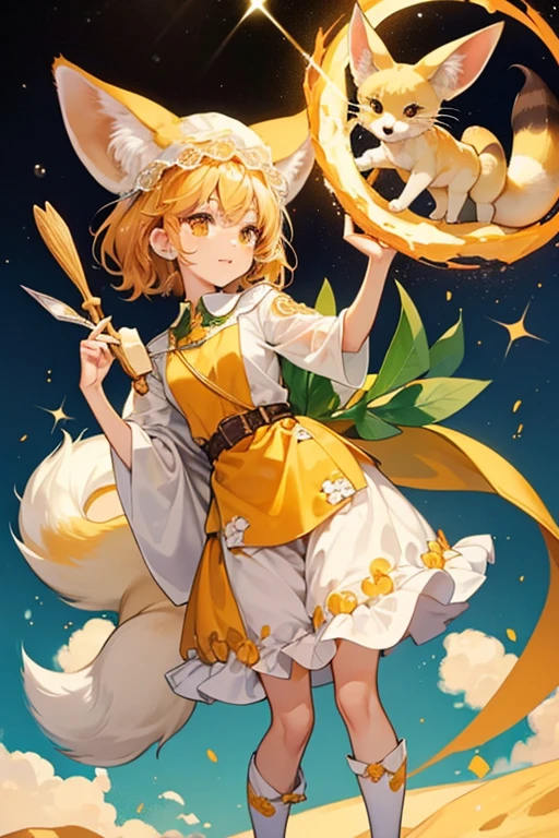 Fruit Cheese Cookie is a Cookie with a light SKIN color and light orange eyes with paw-like digits on the Cookie's hands and feet. The Cookie's appearance is based on a Fennec fox, having cheese-like ears within light ivory colored hair with small red and yellow beads intertwined with Fruit Cheese Cookie's locks, with a similarly colored tail on the Cookie being present. The Cookie wears an olive cheese skewer as a hat and carries a cheese scroll. The Cookie wears a white and green toga with a yellow and green belt with holes similar to cheese holes over it, as well as a transparent veil like cloth around the Cookie's body. Fruit Cheese Cookie also carries a large cheese slicer as a weapon. GLITTER, JELLY