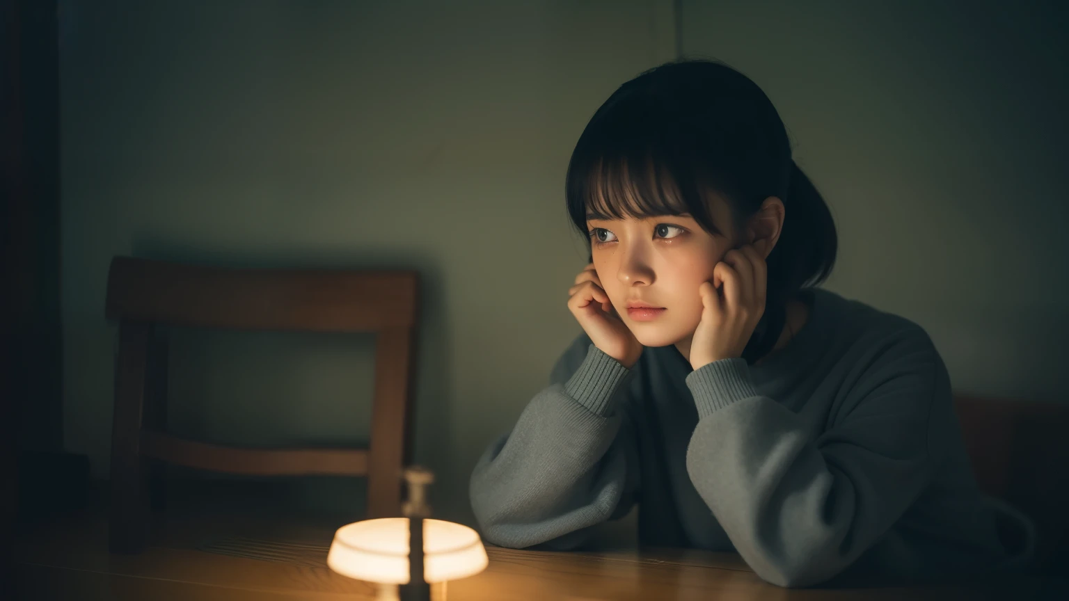 Torn lonely crying girl with short black hair，Spread across her pale cheeks。Her eyes shone with tears of sadness，There is a faint hint of red on his cheeks.。Her lips trembled slightly..，convey inner pain。She wore a shabby gray sweatshirt，There are several yellow stains on the sleeves.，Reveal the trajectory of time。her pants were faded，From dark blue to pale and muted gray。There are some holes in the pant legs.，I think I went through endless wandering and friction.。The surroundings are desolate and desolate..，reflects her feelings。A torn poster hangs on a faded wall.，Showing the glory of the past。There was only one dim light in the room，shine a faint light，Lights up her brief resting place。There was a damp and musty smell in the room.，Reflecting the rotten feeling in her heart。Outside the window, I could hear the sound of the wind blowing through the leaves.，Containing sadness and loneliness。The girl was sitting alone in a shabby chair，holding your face in your hands，Do your best to suppress your cries of sorrow.。her eyes were confused，Like I&#39;m lost in the endless darkness，I&#39;m looking for a ray of hope。She is a lonely crying girl with tears in her eyes，her looks、assembly、Both clothing and environmental details emphasize her inner pain and helplessness..。