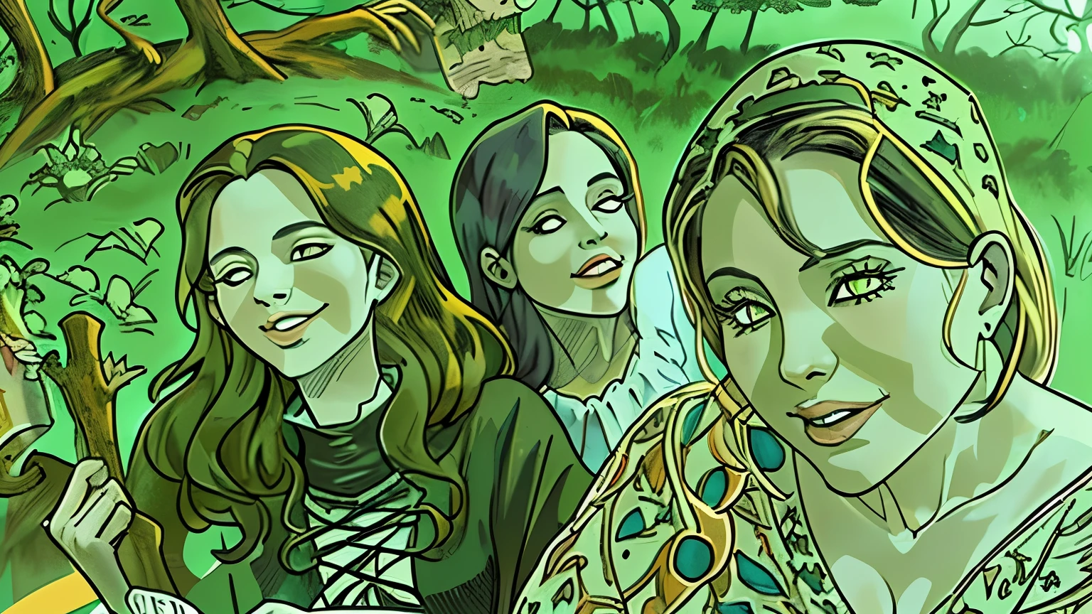 witch girls, witch hat, coven, forest background.