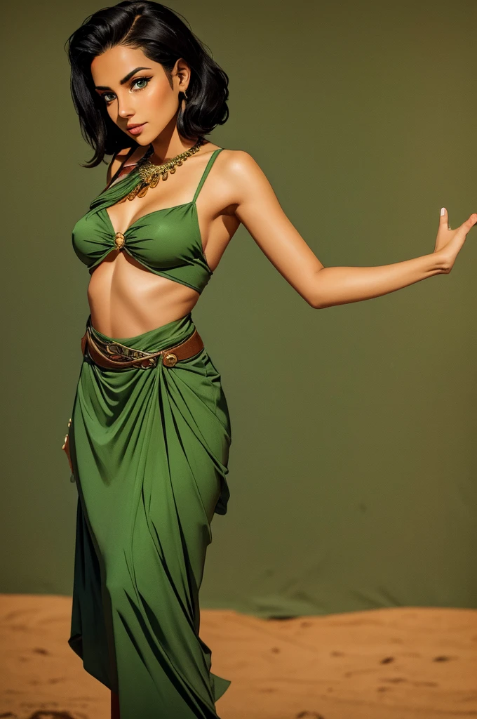 Female, Safari 1930's style, 5 foot 5 inches tall, slim body build, waist-length wavy brunette black hair, bright green eyes, 28 age, ethnicity india, ethnicity middle eastern.