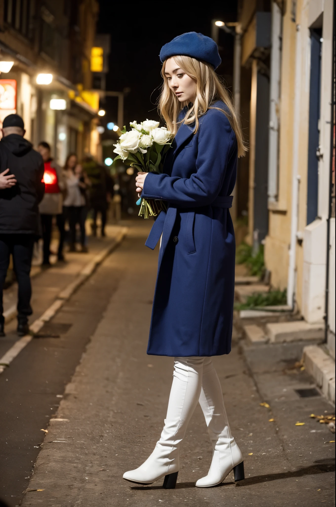 holding one flower bouquet with both hands、walking pose、A moment to look back、holding one flower bouquet with both hands、look down and feel depressed、beautiful blonde european woman、Angled angle of view、Angle of view from the side A city based on bricks、Pictures like magazine models、Lonely face、Fashionable night city、Long blue coat、blue flare pants、Blue beret、White belt、White boots、Model Solo