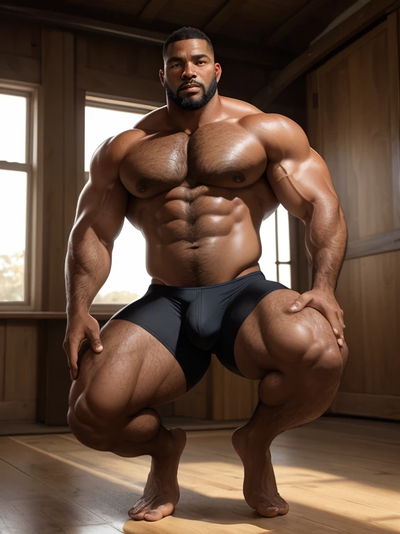 An award-winning original photo,A wild muscular black man, (40 years old daddy:1.1), 1boy, Solo, (big shoulders, musculature, stubbles, Short beard, Beautiful eyes:1.3, ), (chengjianbin:1), (weizhenrong:1), (Detailed face:1.3), Dynamic Angle, dramatic pose, voluminetric lighting, (Best quality, A high resolution, Photorealistic), Cinematic lighting, Masterpiece, RAW photo, Intricate details, hdr, full body, sweaty, detailed speedo, big underwear bulge, on knees, hairy armpits, musky armpits