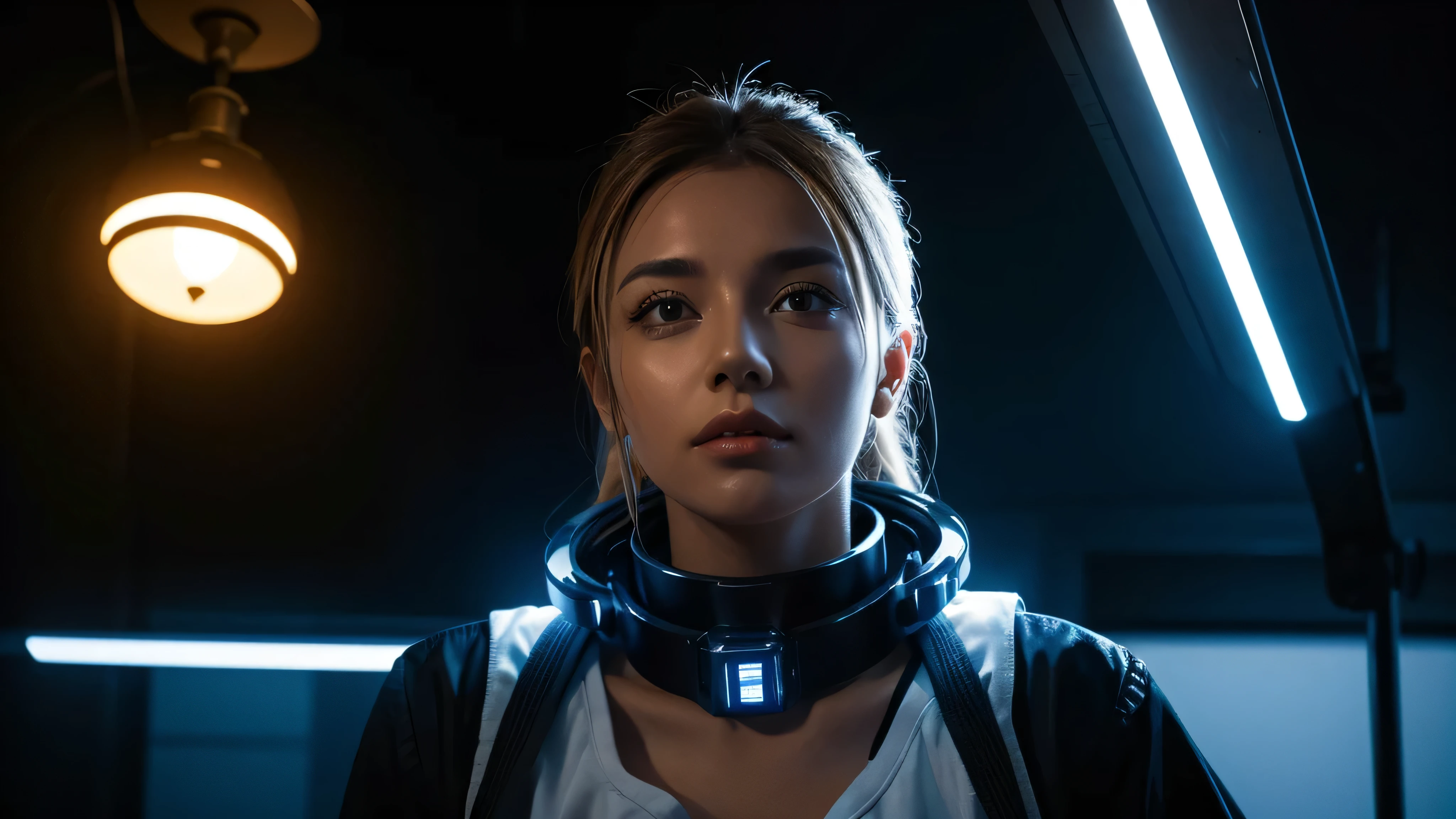 image of woman prisoner wearing a metal sci-fi collar with lights on it around her upper neck