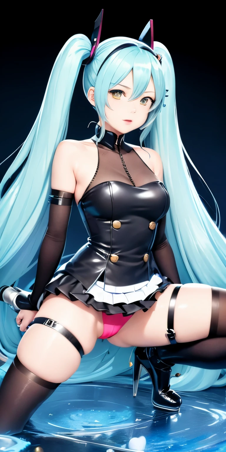 Hatsune Miku、Anime girl with long hair and a gun in her hand,Shimashima Pantiesがよく見える、Hatsune Miku、(Squatting down and opening her legs and showing her panties 1:4)、、spread legs、show panties,super mini skirt、緑と白のShimashima Panties、From miniskirt to c Kantai Collection style,Shimashima Panties、super mini skirt、 portrait anime space cadet girl, Best Anime 4K Kona-chan Wallpaper, terrible anime 8k, High-definition official artwork, Trending with Art Station Pixiv, perfect android girl, cyborg - girl with silver hair, anime style 4k, anime art wallpaper 8k, azur lane style