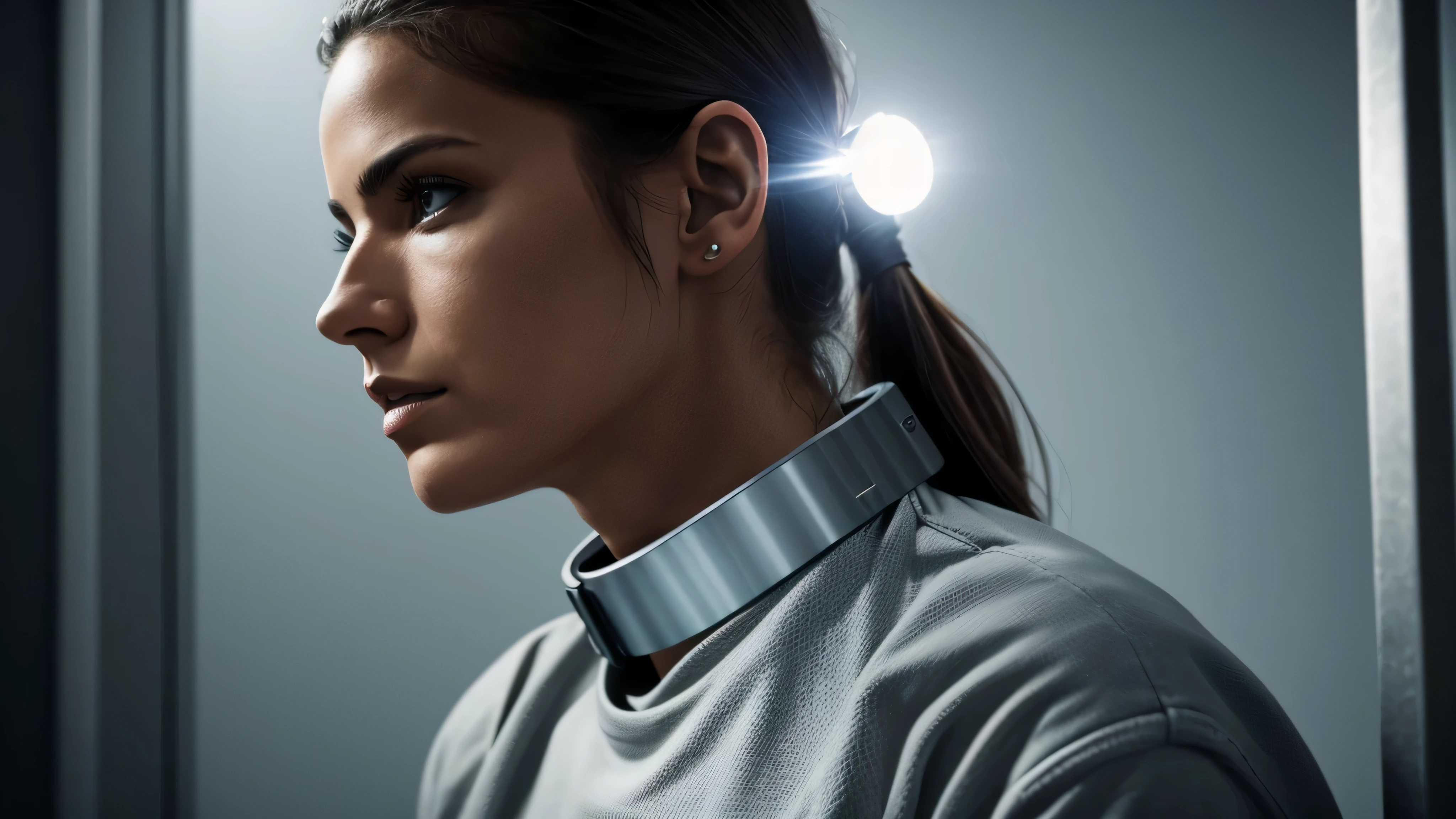 image of woman prisoner wearing a metal sci-fi collar with lights on it around her upper neck