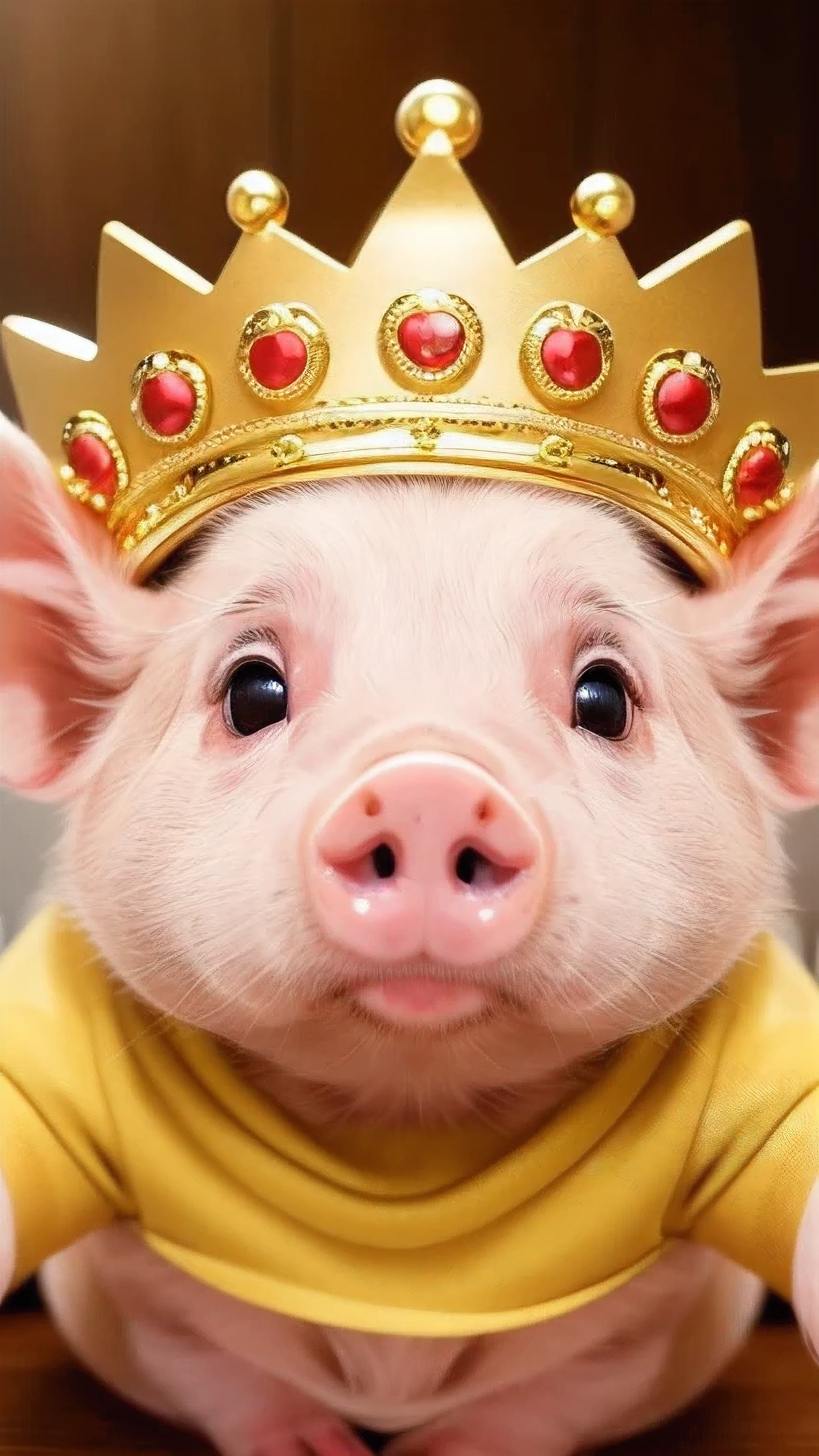masterpiece, best quality, 8k, 4k, pig with a golden crown, Cute pig, ((front viewing)), ((front face)), look at the front, smile, cuty pig, golden clothes, golden color background, gold background, 1 pig, center of photo, golden clothesを着た