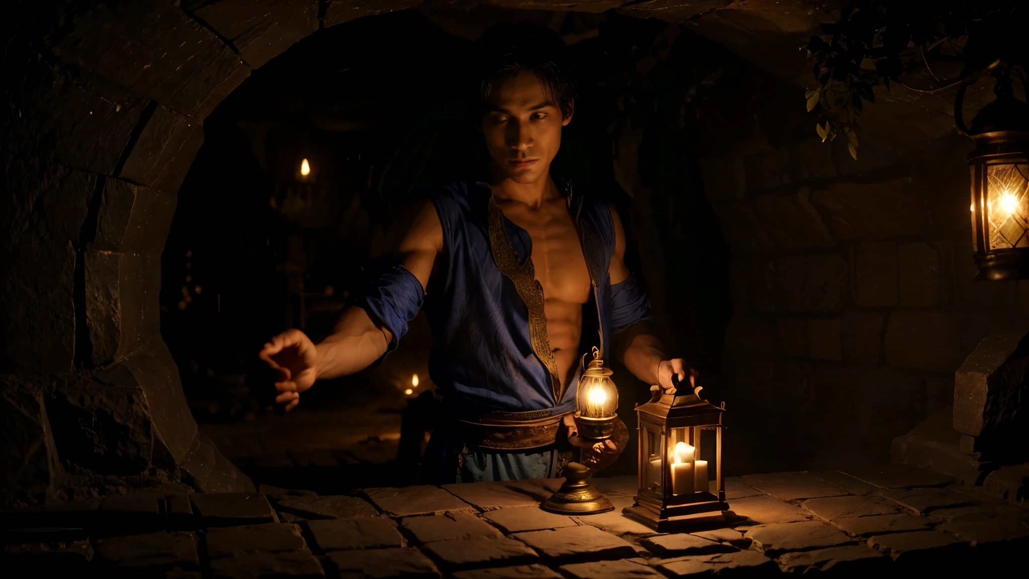Aladdin repeatedly wipes with his hand the golden lantern in the middle of the cave, he locking to lantern in amazement