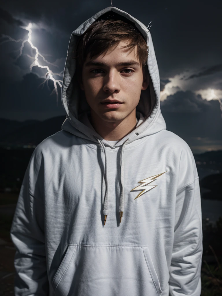 white male person 20 years old front with SHORT HAIR hooded and nike sweatshirt with a lot of lightning bolts behind, a lot of textures,