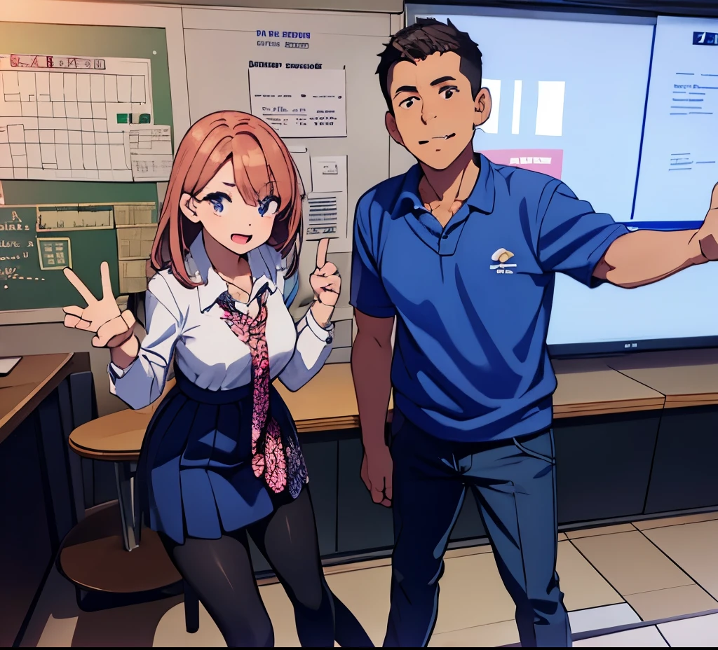 There is a man who is a teacher and a female student who are celebrating a party and posing for the camera.