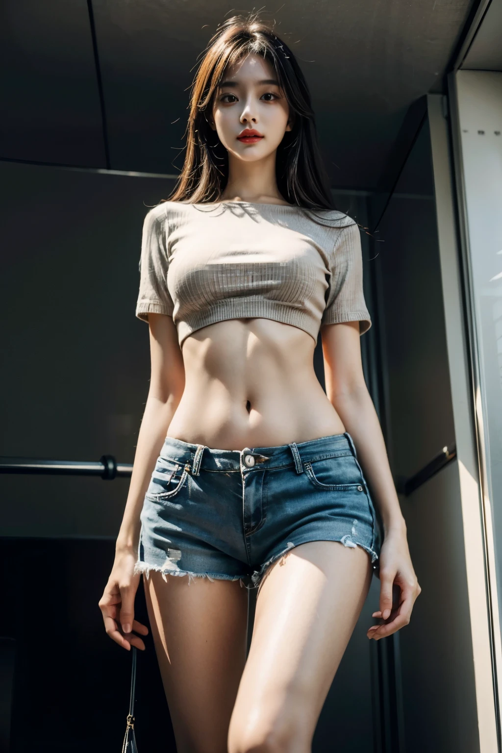 best quality， masterpiece， high resolution，8k，（realistically：1.4），超high resolution，1 girl， Super detailed， Surreal， Very detailed CG illustrations， official art， light， actual， young beautiful girl， Perfect body， Perfect body， Full view， Perfect body， （start from below：1.3）， 的posture， Sexy long legs， confident， Beautiful and sexy， Gray short sleeves， open belly， Black super shorts， S-shaped body， Cocked buttocks，placed in a，posture，Different perspectives，atmospheric distance sense，Display high，Show leg length