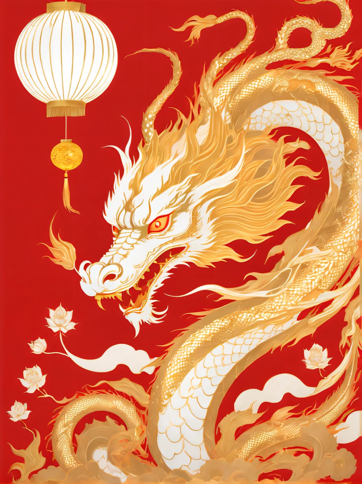 balgaviin white gold chinese dragon lantern, A style that emphasizes negative space, light red and gold, Illustrations inspired by graphic novels, Close strength, screen print, political illustration, iconic album covers
