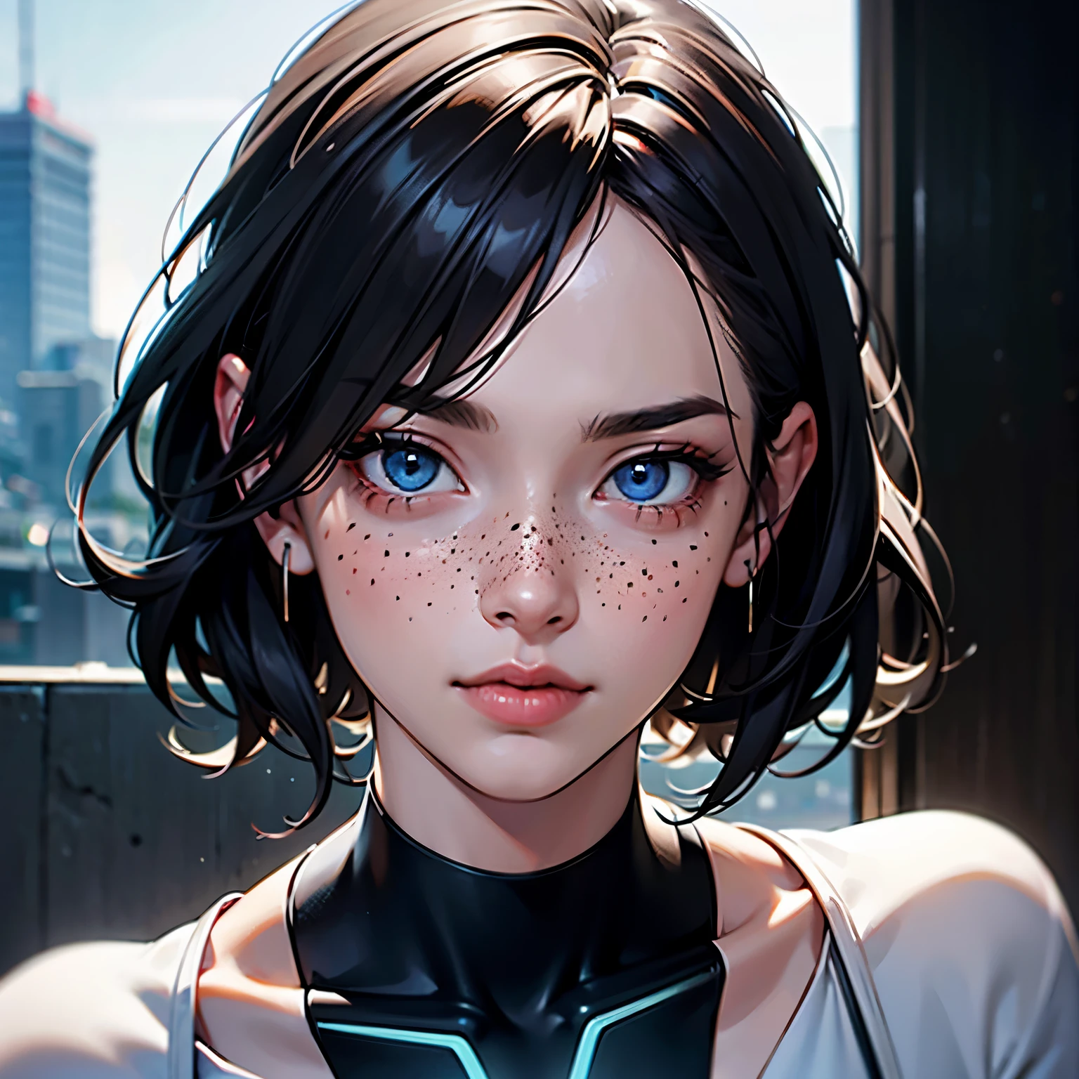 Argada woman with freckles and blue eyes standing in front of a wall, Cinematic Realistic Portrait, 8k portrait rendering, realistic face moody lighting, arte cyberpunk ultrarrealista 8k, hyper-realistic Estilo Cyberpunk, retrato suave fotografado 8k, 8 k arte digital realista, Estilo Cyberpunk ， hiperrealista, arte digital realista 4k, arte digital realista 4k