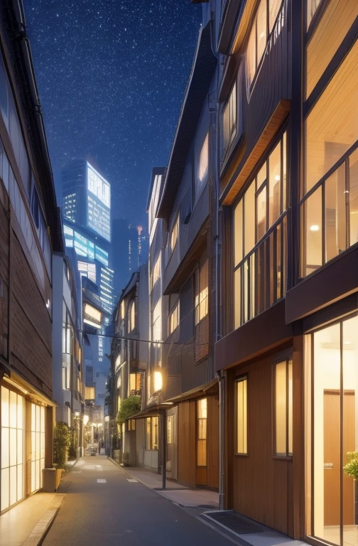 nighttime view of a street with buildings and a sky background, residential area, quiet tokyo alley at night, residential, night time render, tokyo - esque town, night life buildings, by Kamisaka Sekka, the neat and dense buildings, vivid!!, tokio, by Kose Kanaoka, architectural visualization, photorealistic streetscape