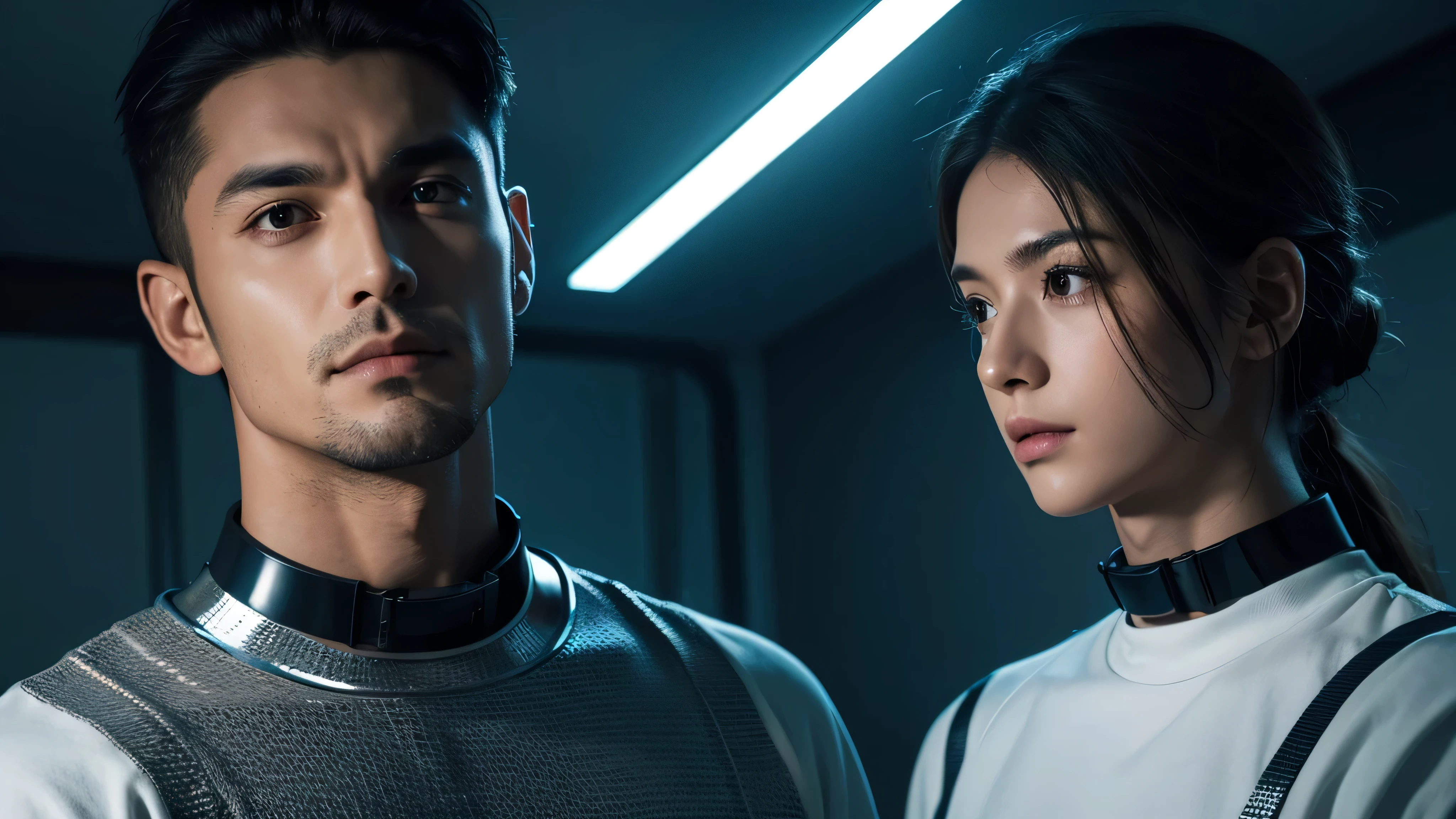 image of man prisoner wearing a metal sci-fi collar with lights on it around her upper neck