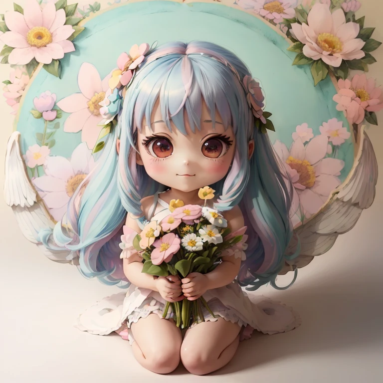 (((muste piece)))、highest quality、Extreme detail、anime、(watercolor painting:1.0)、(pastel colour:1.8)、pale colour、Make the lines thinner、(have a bouquet)、(angel costume)、(Hello)、(Angel&#39;s wing)、(((with a girl)))、(((solo)))、Happy、whole body、Ahoge、(((Deformed)))、(((chibi character)) )、(((Flower background)))、(white background)、(flower garden)big eyes、smile