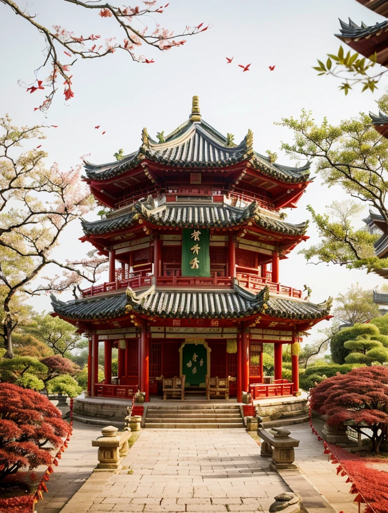chinese wooden pagoda, stone chair, green stone step, two beautiful flower rows in front of the pagoda, red leaf tree