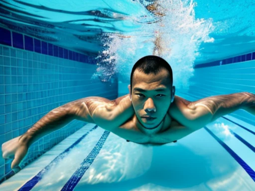 Full body image of a Japanese man、male student、Men&#39;s swimming club member、Male life saving club member、Men&#39;s water polo club members、Shaved Head Man、Dark-skinned man、muscular man、man sinking in the bathtub、man sinking at the bottom of the pool、man sunk to the bottom of water、A man wearing a skin-tight black speedo swimsuit、A young man sinking with his eyes open、Young man sinking with his mouth open、Man lying on his back、A man with a surprised expression、A man with a sad expression、strangled man、man being suffocated、Full body image of a man submerged in water、A man participating in a swimming competition、competitive swimming man、swimming school men、male swimming instructor、one man、male player、A man wearing nothing on his upper body、A man pretending to be murdered、male actor playing a corpse、The man who plays the role of being killed underwater、Suspense drama、mystery drama、Underwater perspective、perspective from below、A young man opens his eyes and plays the role of a corpse.、The whole body is visible、facing forward