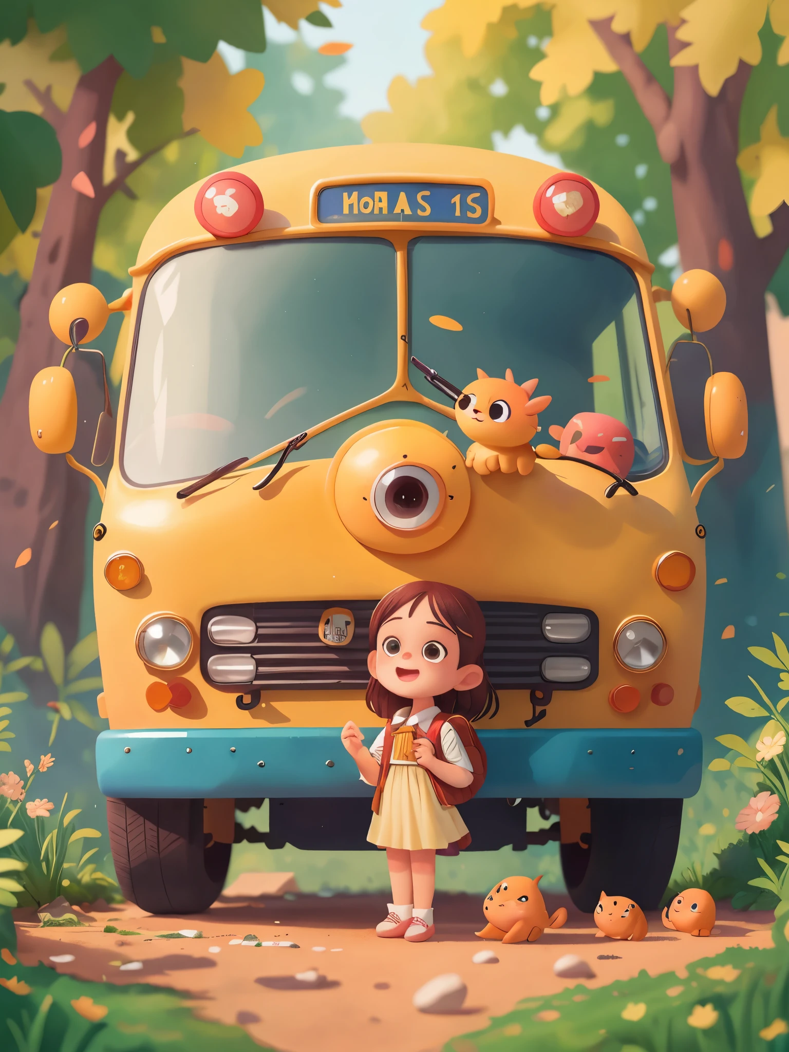 school bus，bus，side, (masterpiece: 1.2) (actual: 1.2) (Bokeh) (best quality) (delicate skin: 1.3) (intricate details) (8k) (exquisite eyes) (sharp focus), (happy)