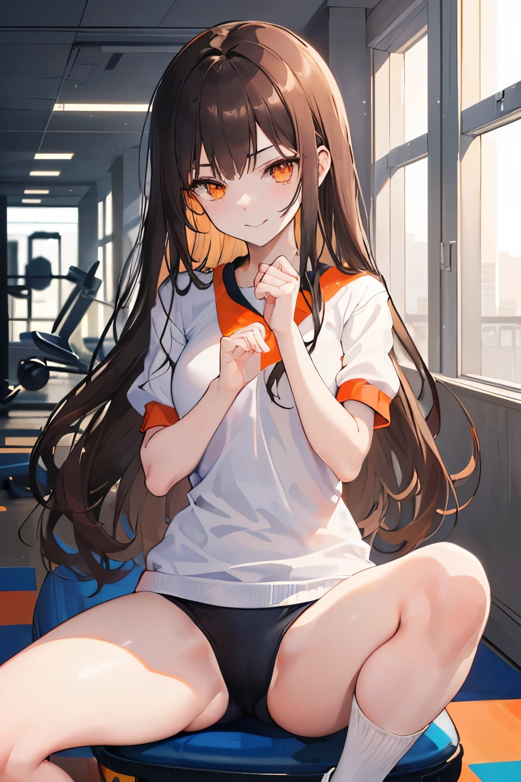 (((1girl))), ((best quality)), ((masterpiece)), ((ultra-detailed)), (illustration), (detailed light), (an extremely delicate and beautiful), (beautiful detailed eyes), (sunlight), ((extremely light)), 

((((white and black gym uniform)))),
school girl,

wavy long, (((dark brown hair))),  (((long hair))),
(((deep orange eyes))), 

((whole body)), aged 14 to 17, 
diamond, beautiful, ((extra elegant)), (((condescending expression))), (sexually mischievous smile),  (((extra adorable))), (((extra slender shape))), 

sitting on her knees in the school gym

(((extraordinarily thin thighs)))