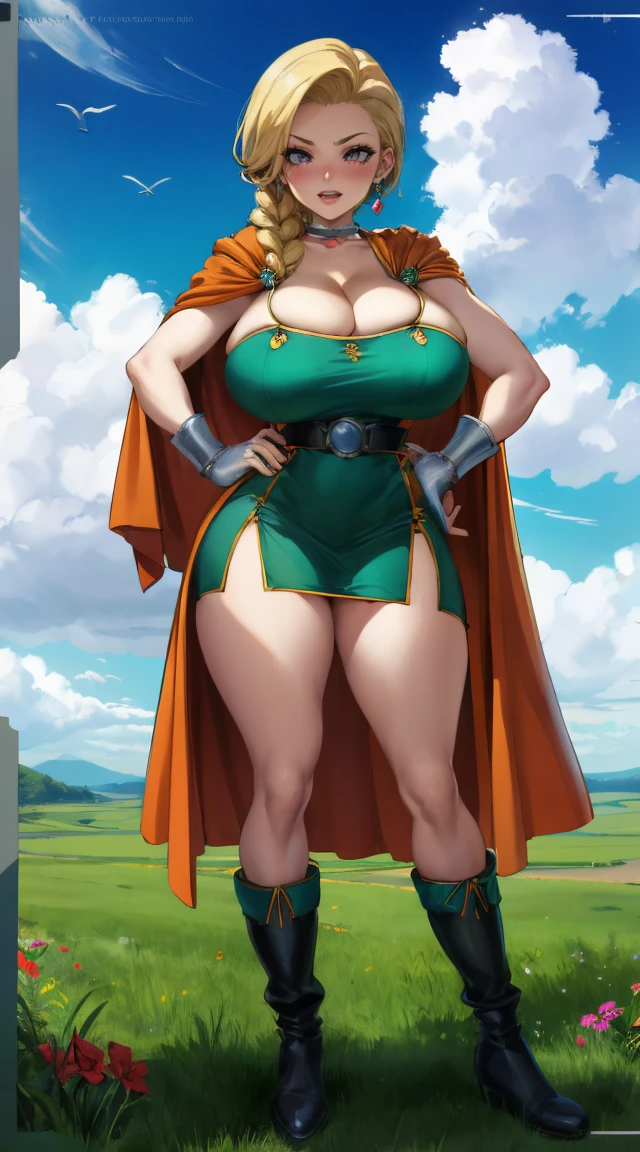 masterpiece, best quality, dqBianca, single braid, earrings, choker, orange cloak, green dress, belt, looking at viewer, big breasts, showing cleavage, mature woman, hands on hips, boots, giggle, open mouth, wrinkled frown, smile, sky, clouds, fields