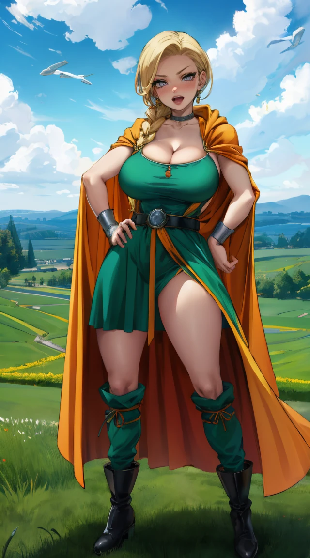 masterpiece, best quality, dqBianca, single braid, earrings, choker, orange cloak, green dress, belt, looking at viewer, big breasts, showing cleavage, mature woman, hands on hips, boots, giggle, open mouth, wrinkled frown, smile, sky, clouds, fields