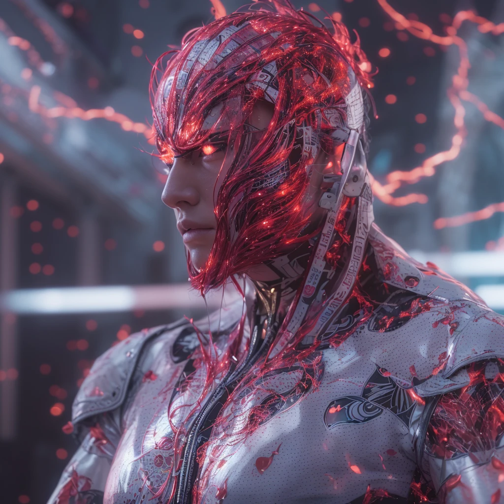 Incredibly Spectacular Scenes, ((High Quality)), ((Details)), ((Photoreal)), Red Lightning, Red Snow, Lightning God, Incredible Beauty, Top Quality, 4K, Portrait, Image quality (3D rendering effects), exquisite details, half-mechanical android face, artificial intelligence, the greatest work of art of the century