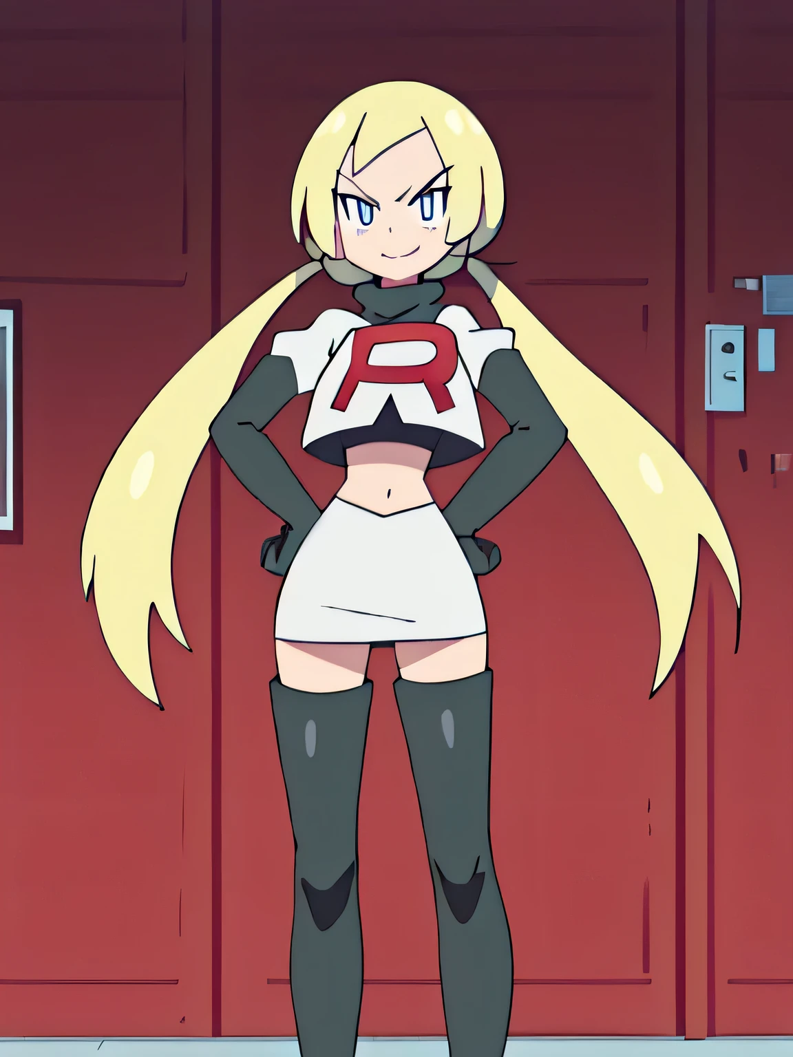 Highly detailed and realistic CG, Colorful, Masterpiece, Best Quality, jewel-like eyes, 1girl, solo, blond hair, shiny hair, long twintails, drill hair, slender, skinny legs, black school uniform, layered skirt, luxury boots, amber eyes, bursting breasts, smirk, standing, contrapposto, tsurime, monochrome background,team rocket uniform, red letter r, white skirt,white crop top,black thigh-high boots, black elbow gloves, glaring angrily, looking at viewer, hands on hips, full body seen
