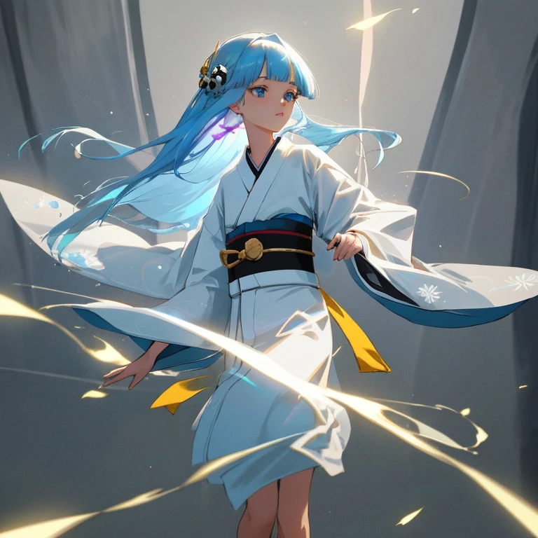 {{{{amazing quality, great quality, high quality, very aesthetic, aesthetic, best quality}}}}, 
realistic, photo, shadow, Three-dimensional, absurdres, Digital art, 
{{{{Magical girl}}}}, beautiful girl, lovely, charming, one girl, 
light blue hair, long hair, straight hair, trimmed hair, shiny hair, blunt bangs, short sideburns, 
blue eyes, big eyes, round eyes, tareme, 
{{flat ?????}}, {{small ???????}}, {{detailed body}}, slim thighs, thin thighs, 17 years old, {{{{{{white mini kimono}}}}}, {{yellow kimono obi}}, {{skull-shaped hair ornament}}, barefoot, Geta for women, 