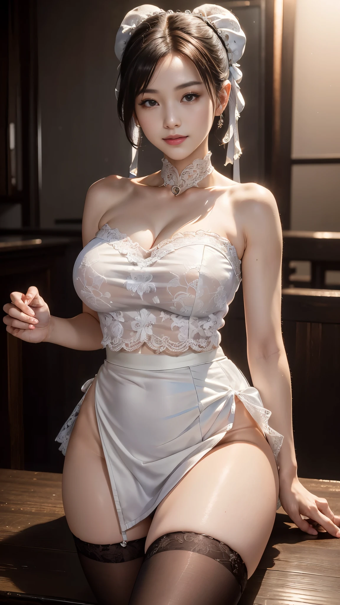 ((best quality:1.1)),((on the table:1.1)), ((ultra high resolution:1.1)), ((photographyrealism:1.4)), ((original photo)), ((8k)), (High detail RAW color photos professional photos),((cowboy shooting: 1.2)), ((charming, beautiful, よるのかいultra high resolution, HD CG unified 8K Denden wallpaper)), (1 Japanese woman),((Photos of Japanese 15-year-old women)), ((Idol face:1.2)), (White lace strapless vest:1.2), White pleated skirt:1.5)),((very cute)), ((very beautiful)), ((ponytail)), ((dark brown hair)),Angelic smile, ((good anatomy: 1.2)