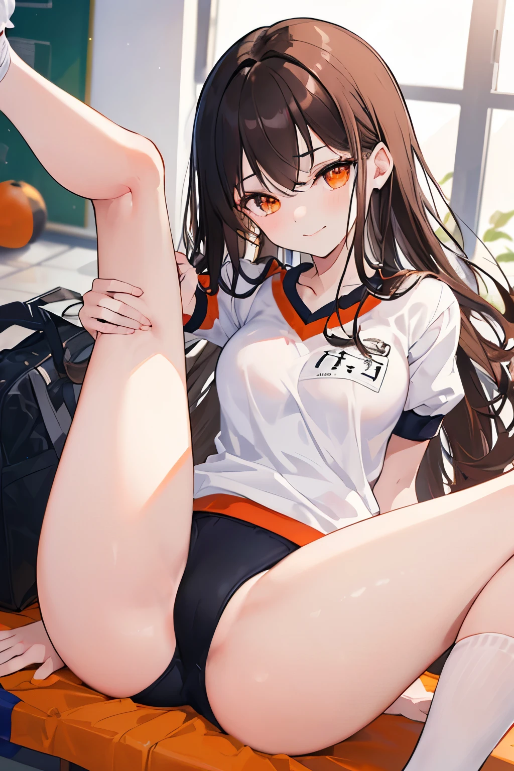 (((1girl))), ((best quality)), ((masterpiece)), ((ultra-detailed)), (illustration), (detailed light), (an extremely delicate and beautiful), (beautiful detailed eyes), (sunlight), ((extremely light)),
((((white and black gym uniform)))),
school girl,
wavy long, (((dark brown hair))), (((long hair))),
(((deep orange eyes))),
((whole body)), aged 14 to 17,
diamond, beautiful, ((extra elegant)), (((condescending expression))), (sexually mischievous smile), (((extra adorable))), (((extra slender shape))),
sitting in the school gym with her legs up,
(((extraordinarily thin thighs)))