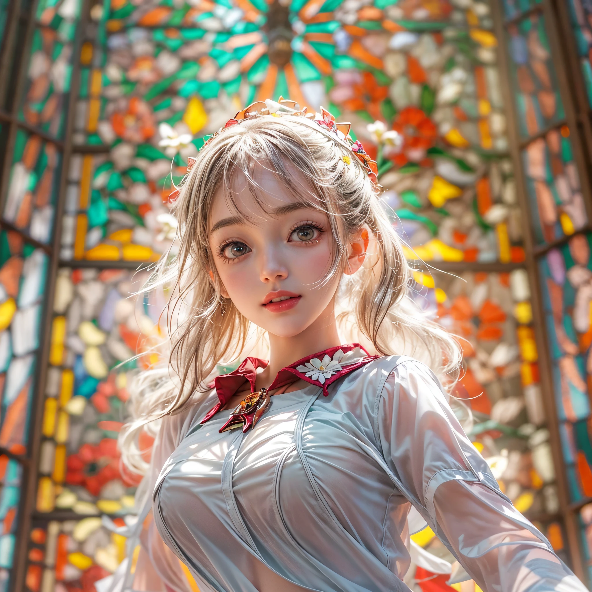 (NSFW:-0.98) . White and Red, (Dazzling colorful light pours down and reflects:1.2), (Physically-based 3D Rendering with incredible detailed Textures), Award-winning Masterpiece of professional Analogue photograpy, { (((Photorealistic:1.37))) | (Hasselblad with F2.8) }, (((Acutance:0.99, Dynamic- Closeup:1.37), { from below | from side } )) . (KAWAII girls in (school uniform)) with visible Overflowing Cleavage and Navel without bra . (((Extremely detailed KAWAII face variations)) with joyful expressions), { Glossy cute Lips Closeup | Detailed natural eyes with sparkling highlights and long eyelashes | Rosy cheeks | Navel | (pretty Ass) | (Overflowing underboob) | Oiled ivory skin Details | White panties with (blood seeping only in crotch area) | ((full of Flowers covering girl's body:1.15)) | (((Dazzling colorful stained glass with stunning elaborate details:1.2))) | Mystic sight | A Halo ling in the air | God rays | Haze | Lens flare | Lens Ghost | Luminescent particles | Halation } . Ultra-detailed, (Exposed:0.8), (((Nipple:-0.9))) .