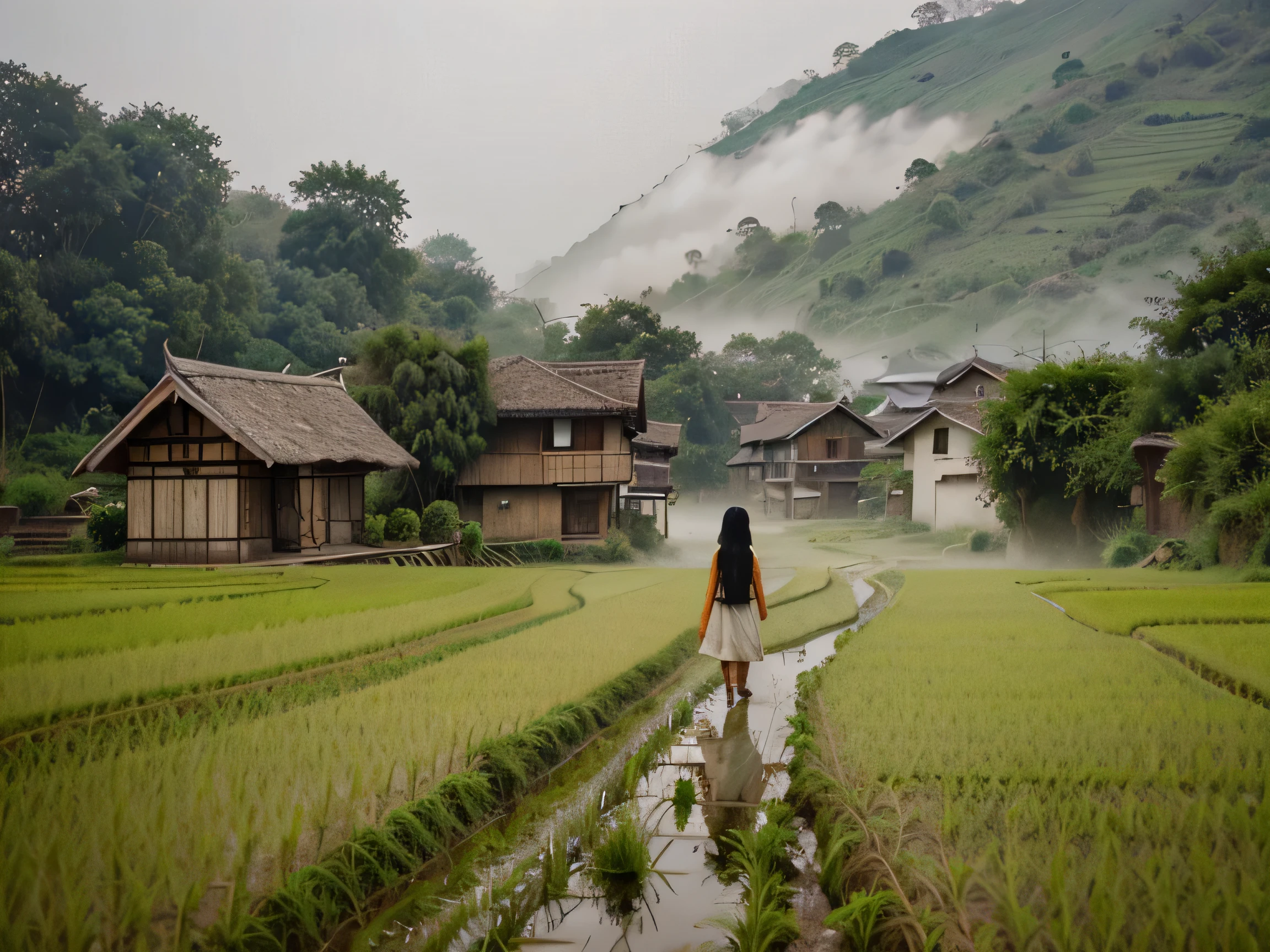 There was a girl walking through a rice field,In the background is a cottage,There are rice paddies,Rice fields,There are neat rice seedlings in the field,Foggy rain,distance elephants, indian villages,lavoura,in a serene landscape,Foggy weather,In the midst of western ghats landscapes,In the early morning,In the morning fog,behind a tiny village,thin fog,countryside in india, cottages