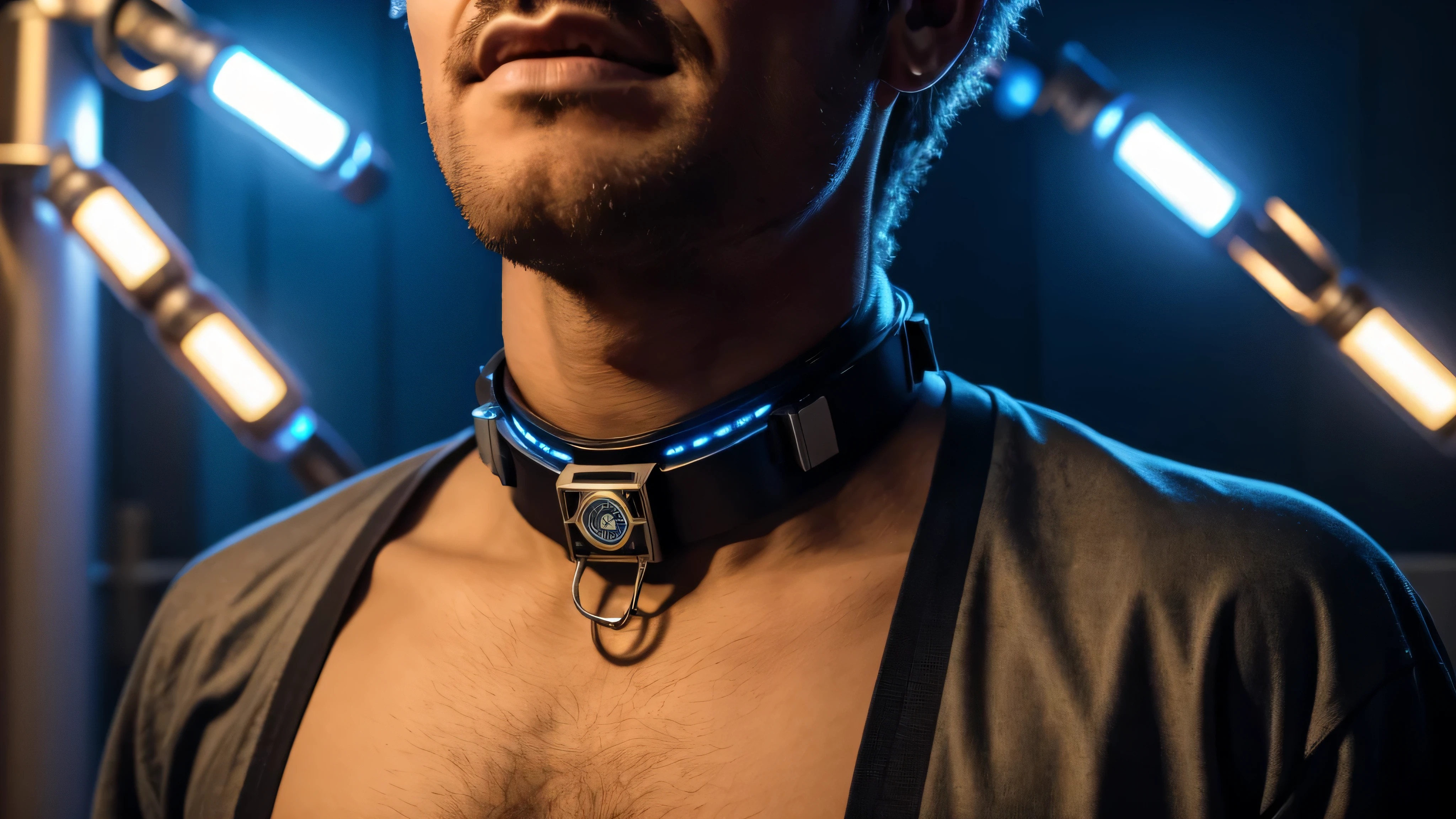 image of man prisoner wearing a metal sci-fi collar with lights on it around her upper neck