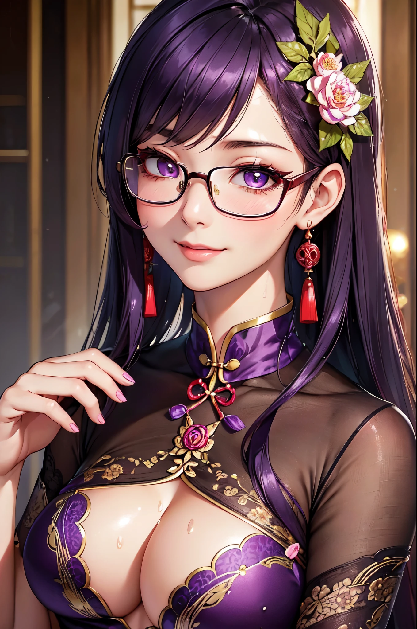 (High quality, High resolution, Fine details), wearing glasses, (stylish, modern), vintage Chinese dress, attractive posture, luxurious fabric texture, floral pattern, solo, curvy women, dark purple hair, sparkling eyes, (Detailed eyes:1.2), smile, blush, Sweat, Oily skin, shallow depth of field, graceful aura, soft light
