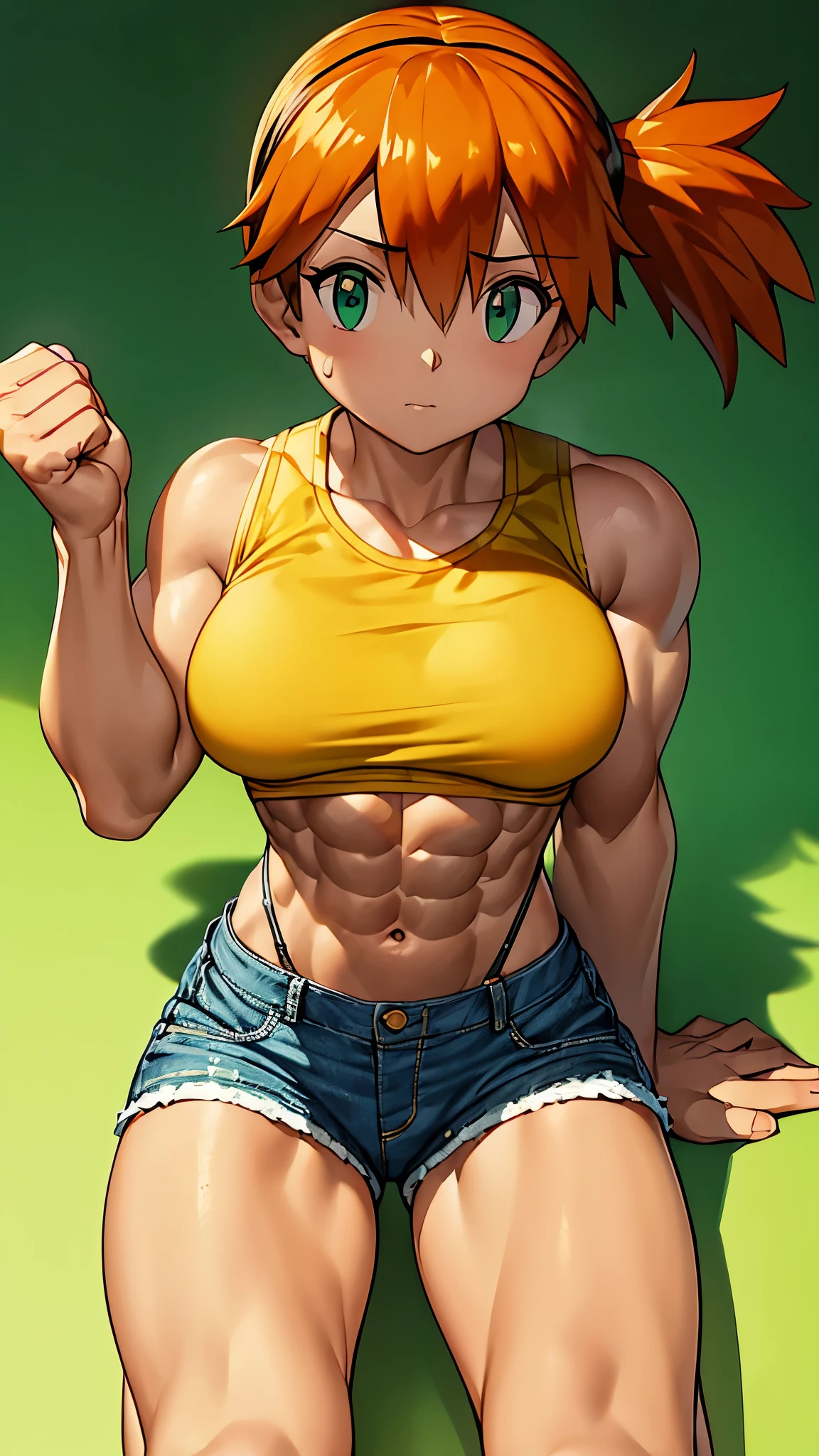 best quality,ultra-detailed,misty, 1girl, breasts, looking_at_viewer, short_hair, closed_mouth, bangs, navel, hair_between_eyes, bare_shoulders, sitting, green_eyes, full_body, sleeveless, midriff, orange_hair, side_ponytail, crop_top, looking_to_the_side, eyelashes, bare_legs, sleeveless_shirt, leaning_forward, arm_support, suspenders, tank_top, denim_shorts, yellow_shirt, hair_tie, green_shorts, suspender_shorts, yellow_tank_top,strong,confident,muscular female bodybuilder,fit and toned physique,strong defined muscles,sweating and exerting power,flexing biceps and triceps,lean and ripped abs,bulging veins,strong and powerful legs,fierce determination and focus,intense workout,heavy weightlifting,athletic apparel and gear,fitness studio,professional lighting,sharp contrast and shadows,vibrant colors,high energy and intensity,inspiring and empowering,sculpted body,inspiring others,dedication and discipline,healthy lifestyle,the epitome of strength and empowerment.