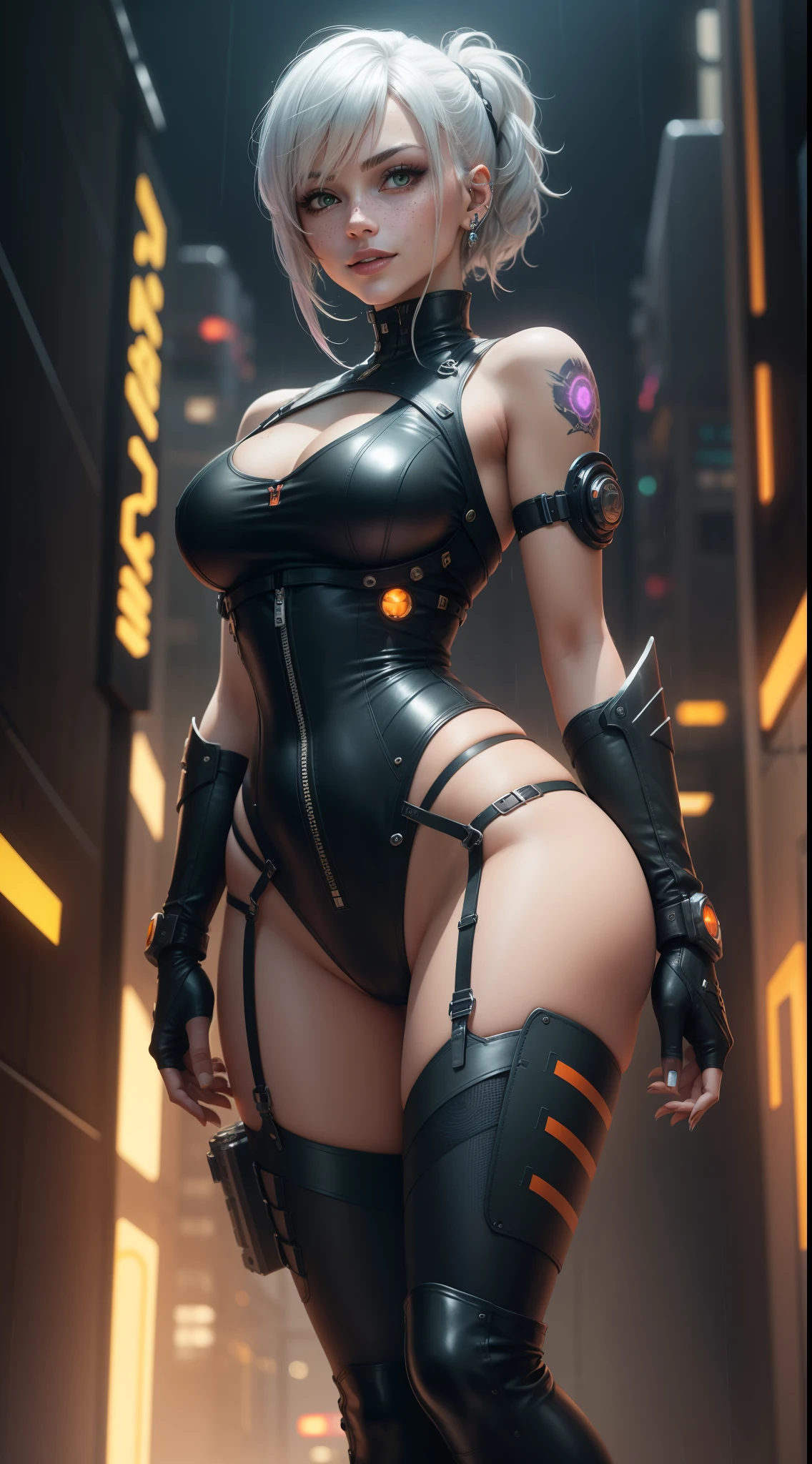 gwen tennyson,yorha 2b,mordred,samus aran,overwatch,atelier ryza,close up,space port,glowing tattoos,purple and orange space plugsuit,orange short sleeve space top,short sleeve space pilot jacket,space cyberpunk armor,harness corset,white cargo lycra leggings,short hair,punk makeup,green eyes,multicolored silver hair,cyberpunk gloves,sexy smile,freckles,beautiful girl,knee high cyborg boots,large breasts,8k,ultra detailed,realistic,fantasy art,cyborg armor,hair pin,ear piercings,(weather:rainy),1girl,cyborg neck and head jewelry,laser blaster,