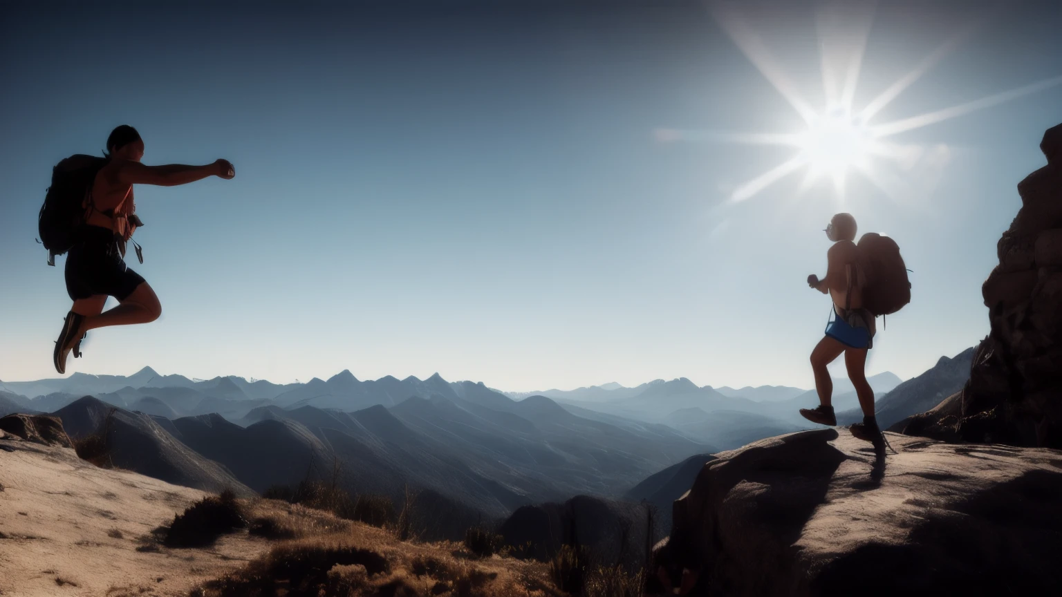 hyper ultra realistic photographs full body of A sun-kissed hiker, silhouetted against a breathtaking mountain vista, leaps triumphantly onto the summit rock. Her arms raised in victory, she gazes out at the panoramic landscape, savoring the culmination of her arduous climb. ratio 16:9, 4k, 8k resolution, High quality photo, high detailed, imagesharp focus, Cinematic lighting,hyperdetailed & Unreal engine, detail, realism, photography,cinematography, camera NIKON, lens NIKKOR flagship, masterpiece. hyper-maximalism, ultradetailed photorealistic, light skin imperfections, final render, vray, photo, fashion