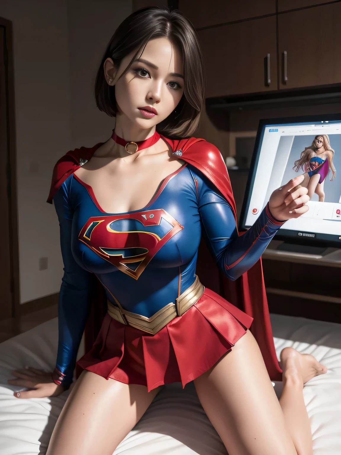 masterpiece,Supergirl costumes, short hair, barefoot, big and full breasts,operating room、operating table、straddle、damaged、shiny、look at the camera、provocation、Estrus、choker、Comic Book Cover、long sleeve、red mini skirt、obscene pose、Seduce